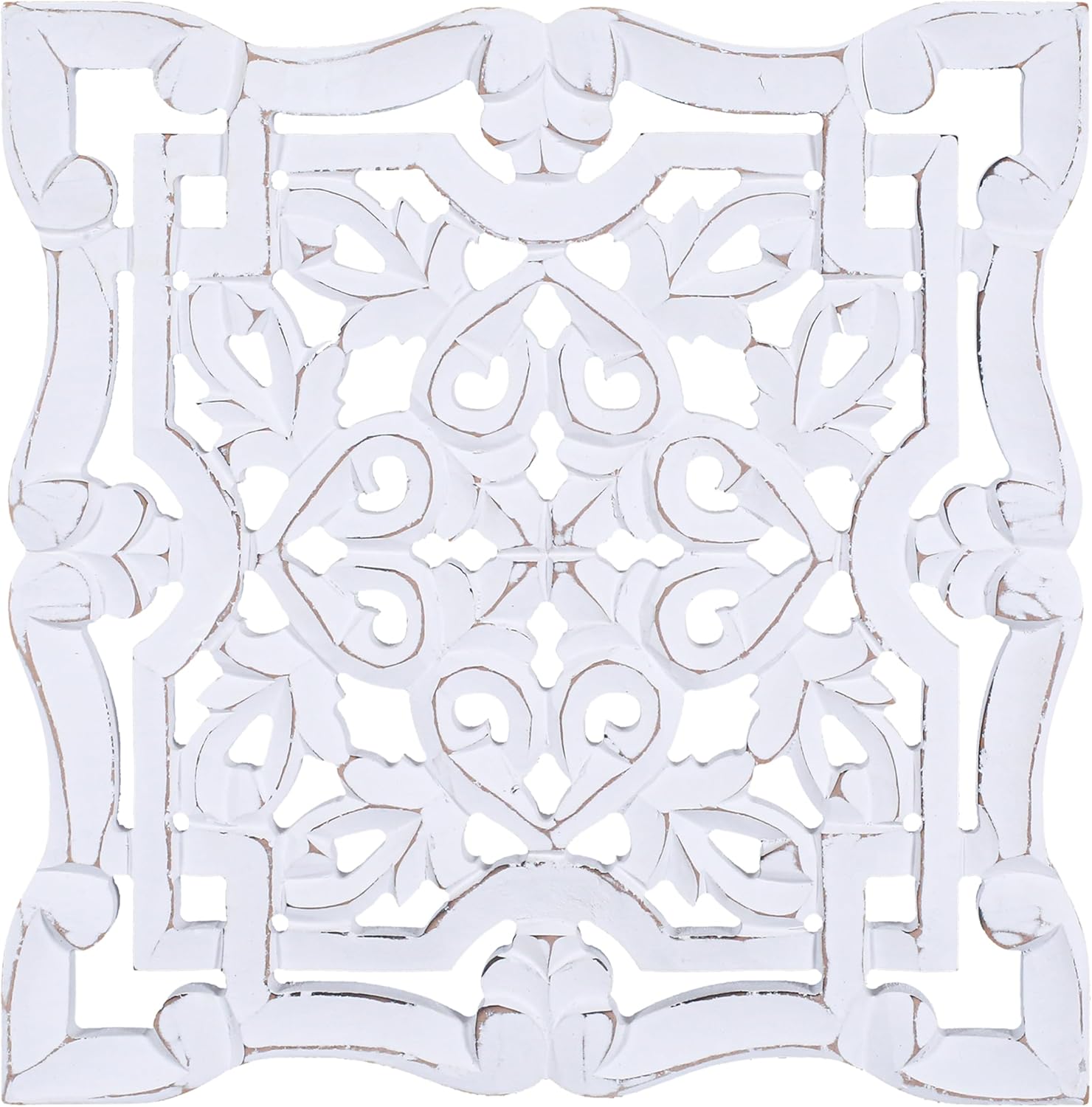 Woodify Hand-Carved Wooden Wall Décor – Set of 2, 12" x 12" Decorative Wood Panels, Floral Design, White Antique Finish, Wall Art for Living Room & Home Décor