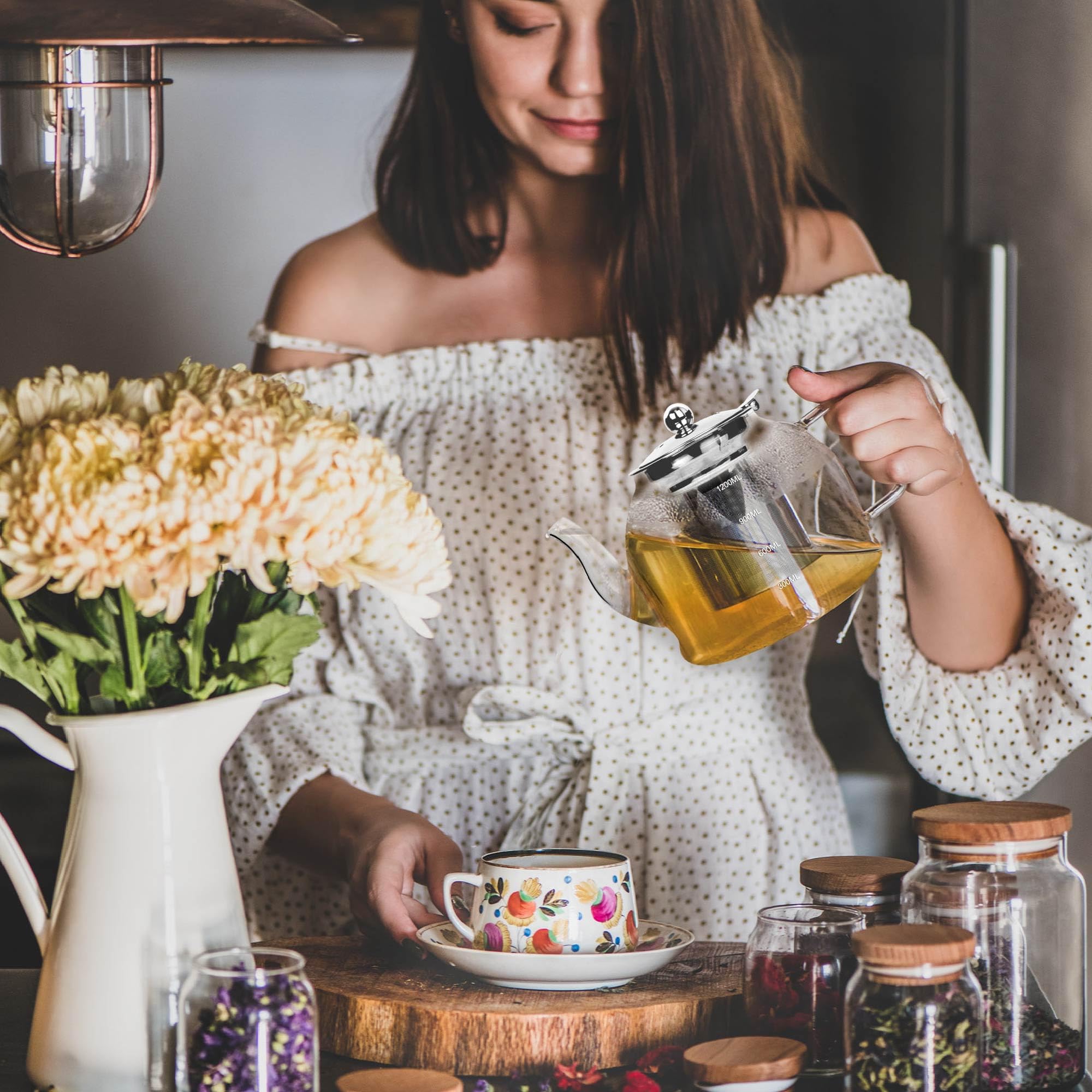 HEFTMAN Przezroczysty szklany dzbanek do herbaty 1200 ml z zaparzaczem do luźnej herbaty, na 3–6 filiżanek, żaroodporne szkło borokrzemianowe, wyjmowane sitko ze stali nierdzewnej