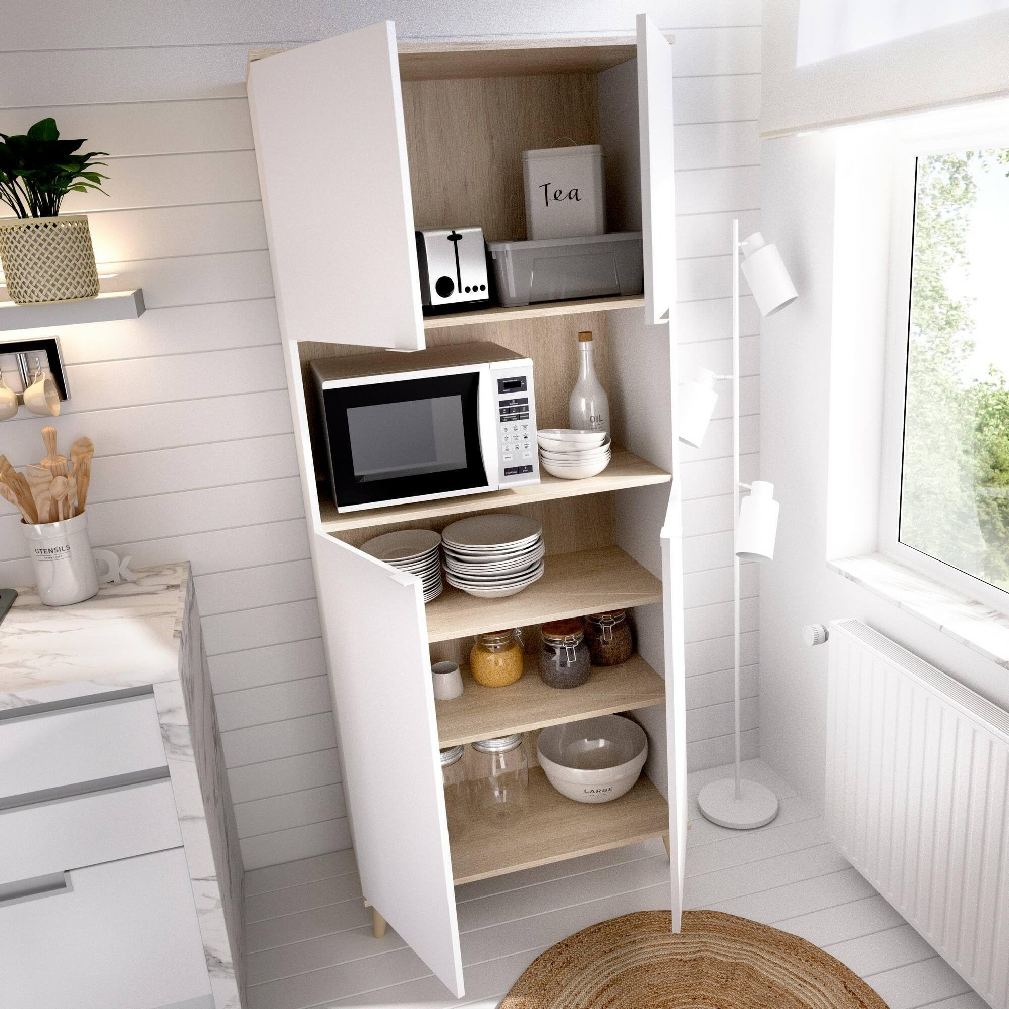 Dmora - Buffet Spino, Buffet Garde-Manger de Salon, Buffet de Salon Moderne avec 4 Portes, 80x40h191 cm, Blanc et Chêne