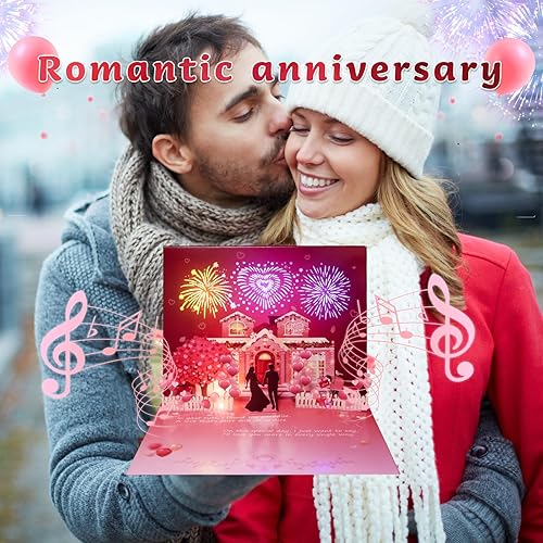 Miniatura 5 de DTESL Tarjeta de aniversario y tarjeta desplegable de música, luces LED de fuegos artificiales de amor, tarjeta de San Valentín para mujeres y