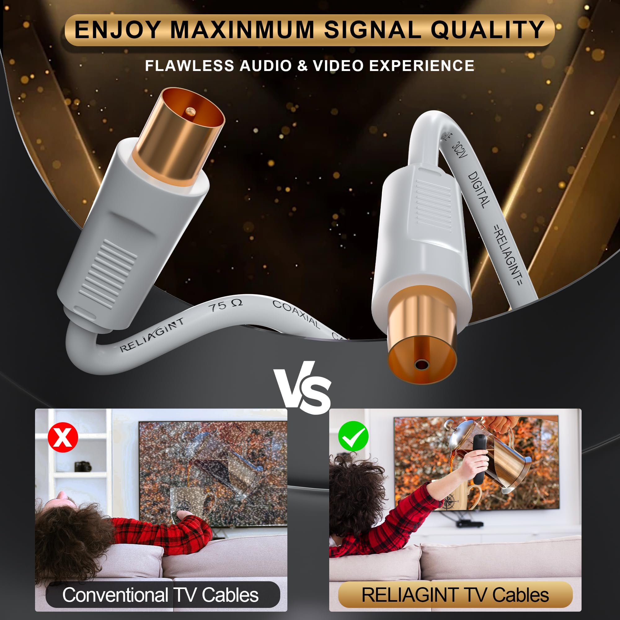 RL Flex Cavo antenna TV 1m, prolunga coassiale maschio/femmina 75 ohm, conduttore in rame puro, per digitale terrestre, TV via cavo e satellitare (DVB-T/T2/C/S/S2), Bianco