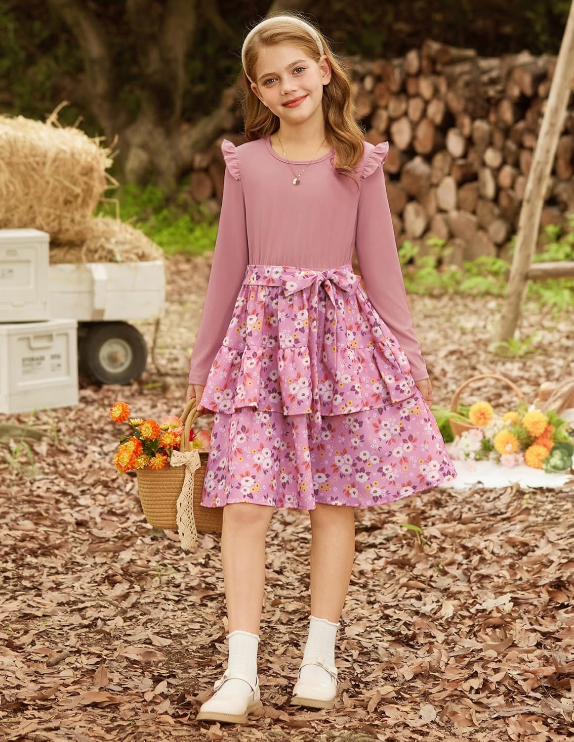 GRACE KARIN Girls Fall Long Sleeve Dresses Girl Floral Midi Dress Kids Casual Holiday Dresses with Belt Size 6-13 - Image 7