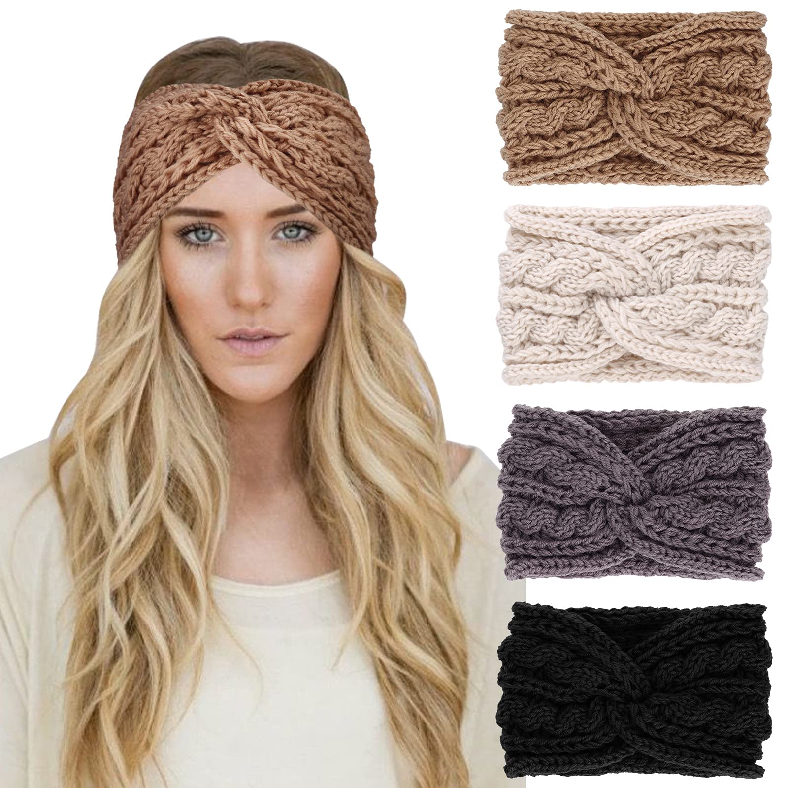 2 Stück Winter-Stirnbänder Für Damen – Gestrickt, Zopfmuster, Thermoelastisch, 2 Farben