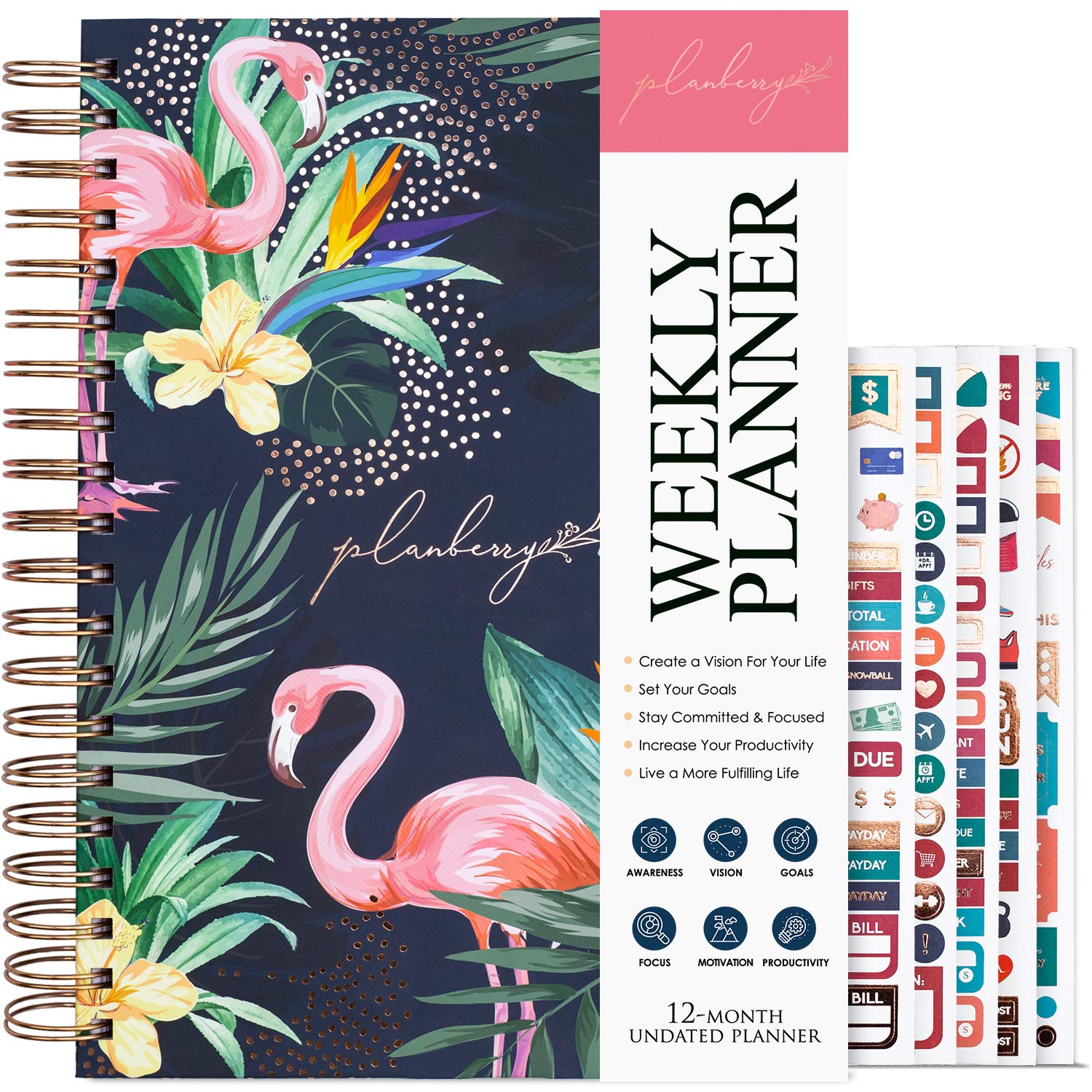 PLANBERRY Large Weekly Planner Premium – Undated Life & Budget Planner to Hit Your Goals & Live Happier – Organizer & Productivity Journal with Habit Tracker – 8x10.4″ Hardcover (Rose Flamingo)