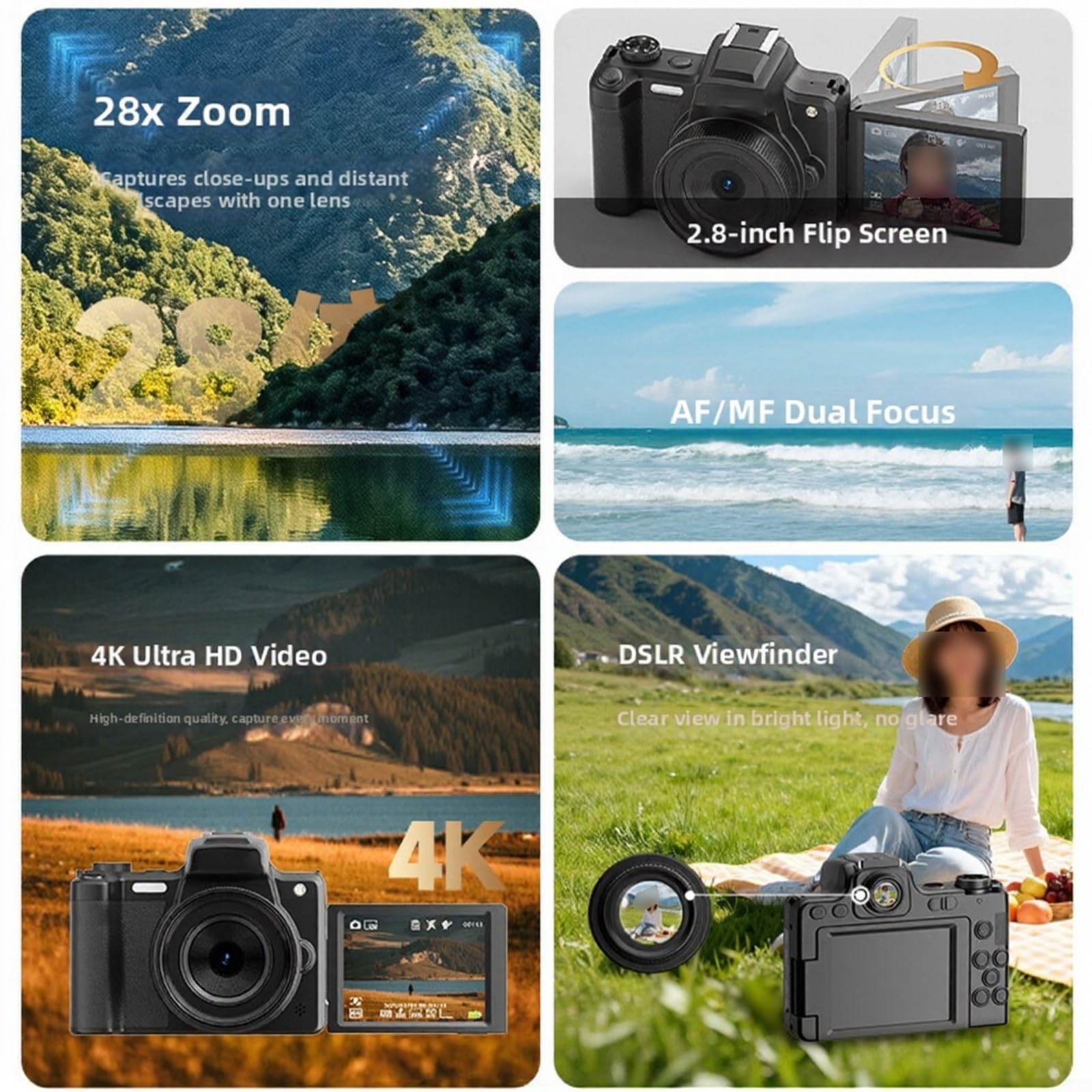 Cámara digital de 68 MP con pantalla abatible de 2.8 pulgadas, visor y modo de belleza para vlogging y fotografía de viajes