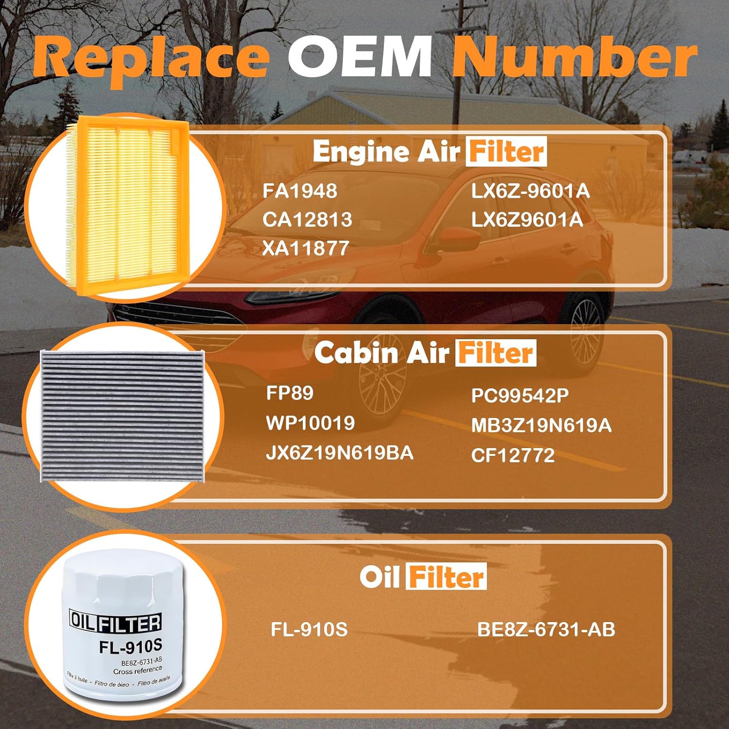 Kefly CA12813 Engine Air Filter & FL-910S Oil Filter & FP89 Cabin Air Filter Fit for 2020-2025 Ford Escape 2022-2025 Maverick 2.5L Hybrid