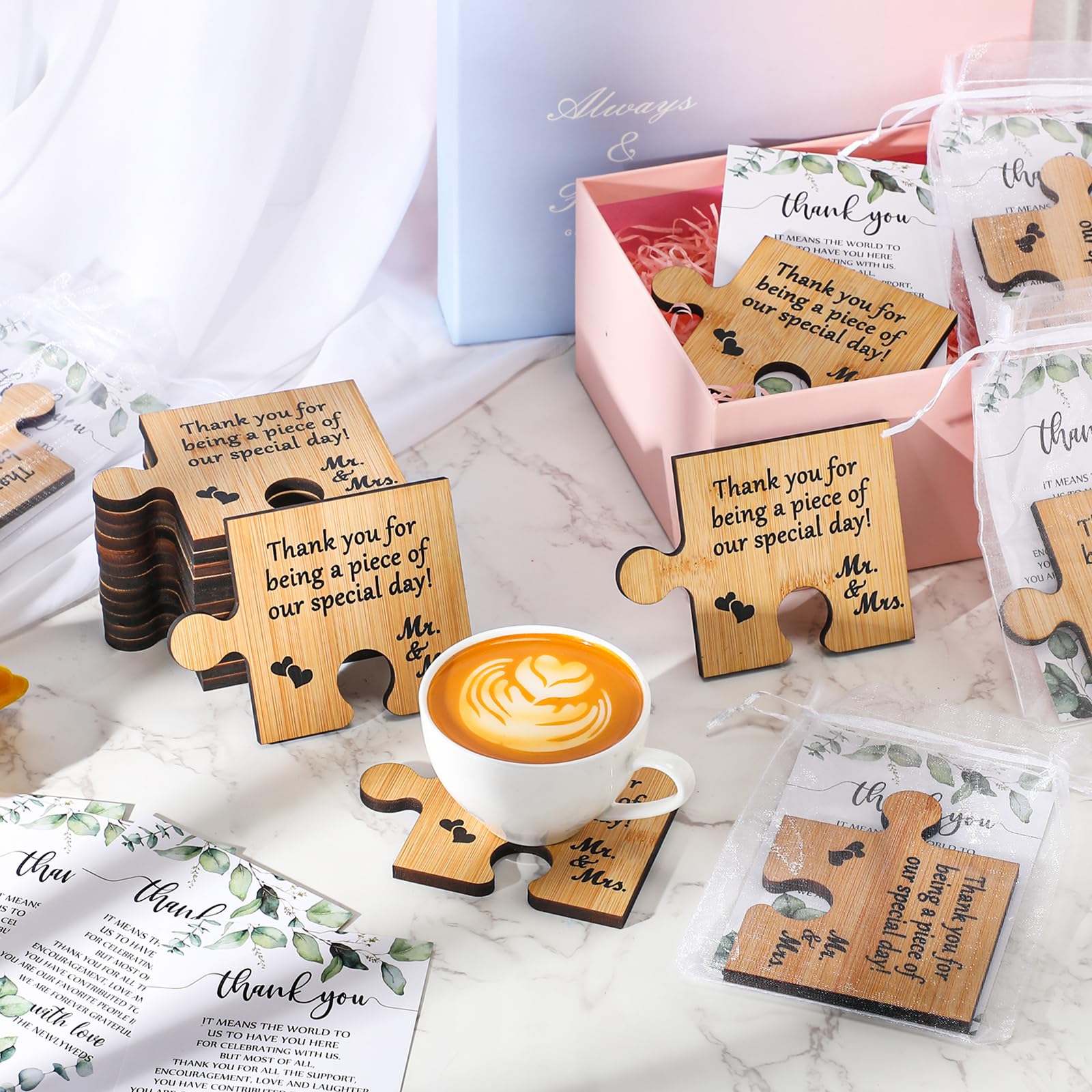Uiifan 48 Sets Hochzeitsgeschenke für Gäste, 48 Puzzleteil-Untersetzer, Bambus-Untersetzer, 48 Hochzeits-Dankeskarten und Organza-Beutel, Hochzeitsgeschenke, Brautpartys, Gastgeschenke für Gäste,