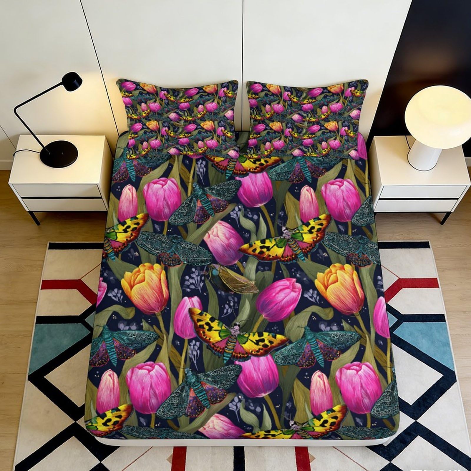 Pnayamiorkfel Style-5 3D Printed Tulip Flower Fitted Sheet Microfiber Soft Butterfly Bed Cover Anti-Slip Washable Decor For Bedroom Guest Room 90X200x25cm