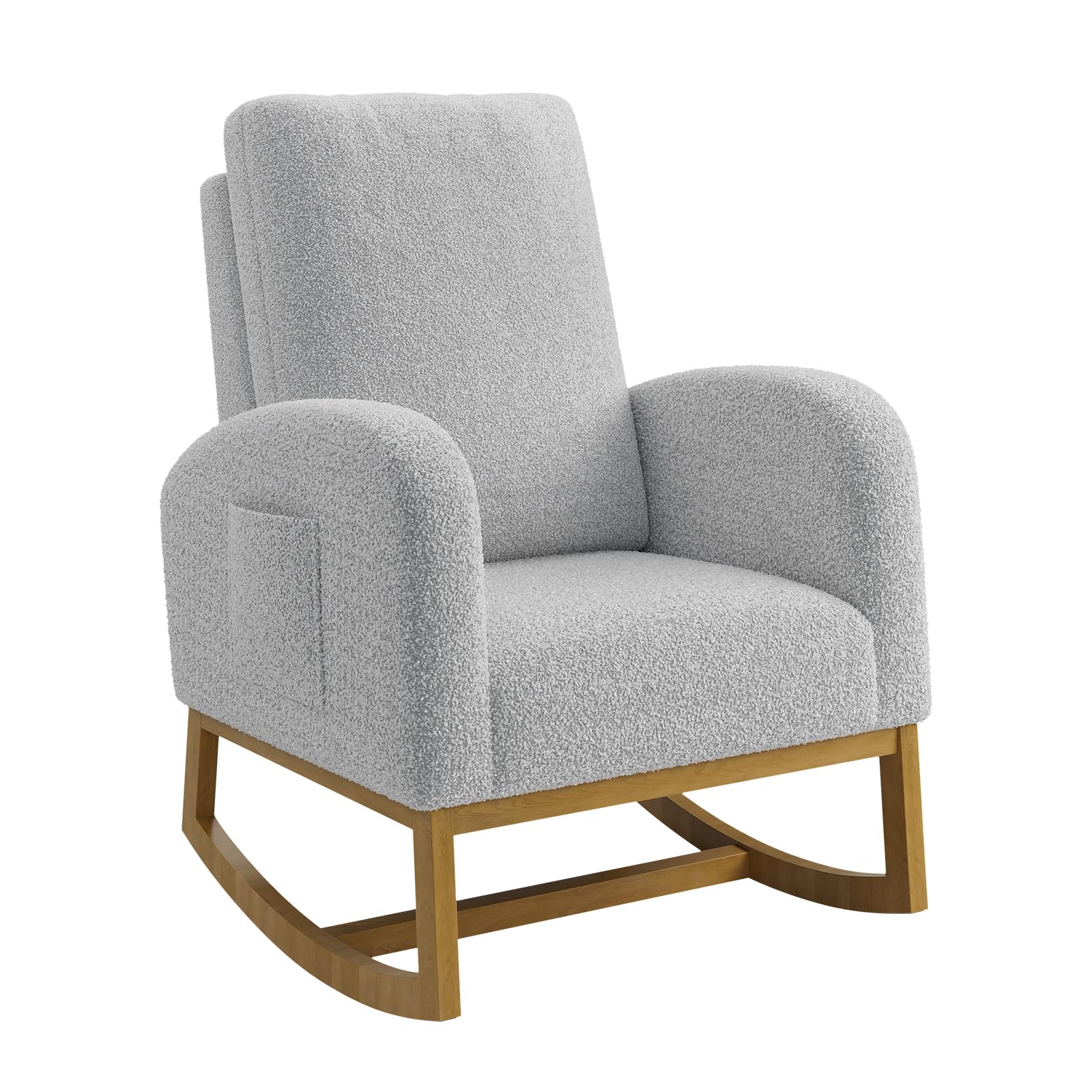 GarveeMore Light Gray Soft Cuddly Upholstered Nursery Rocking Chair – High Backrest Glider with Wood Legs, Side Pocket, Comfortable Accent Rocker for Living Room or Bedroom, Light Gray