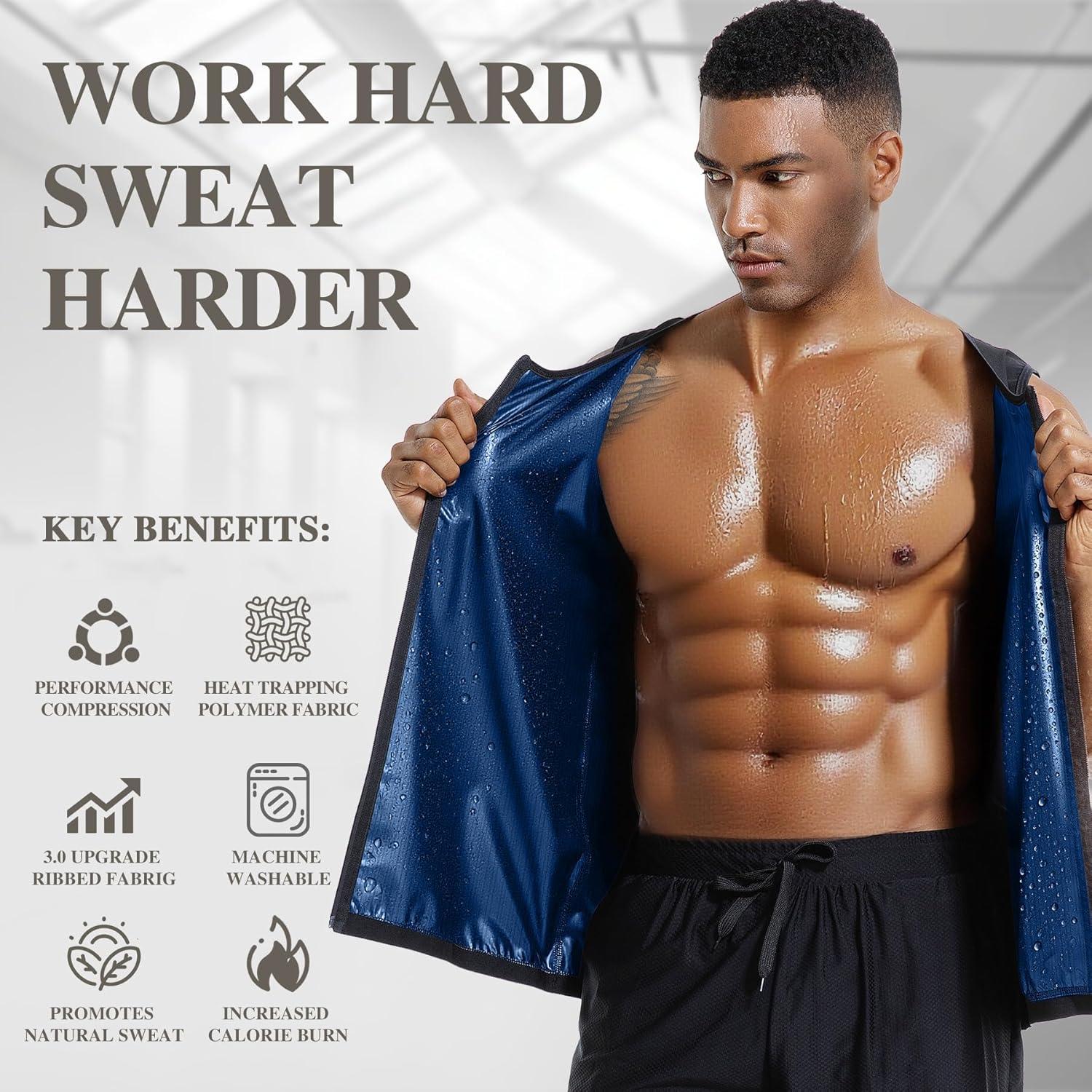 Men's Sauna Vest Zipper Ribbed Sweat Suit Waist Trainer, Sleeveless Sauna Shirt for Men Compression Tank Top - Image 2