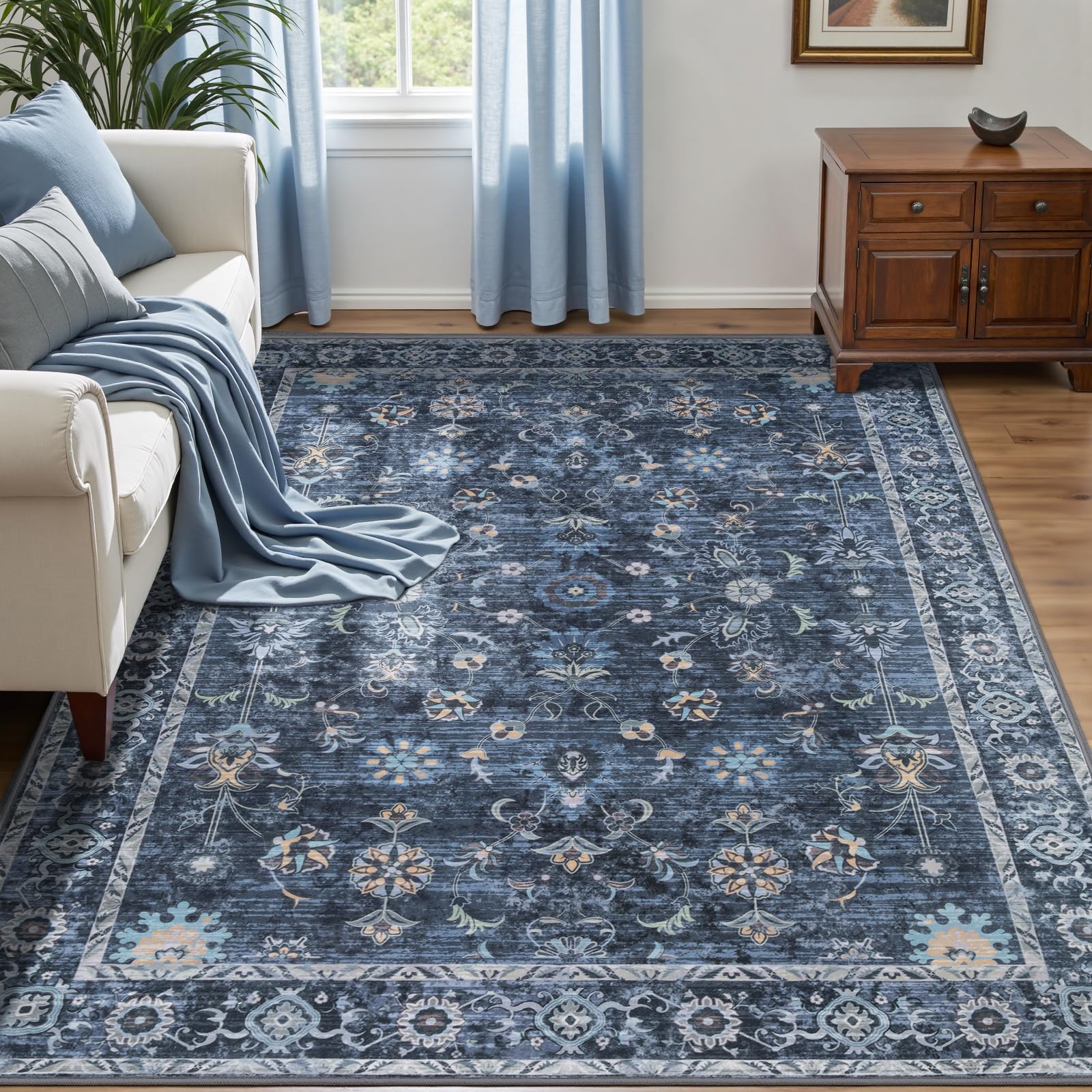 Tangsoo 3x5 Washable Vintage Floral Rug — Distressed Navy