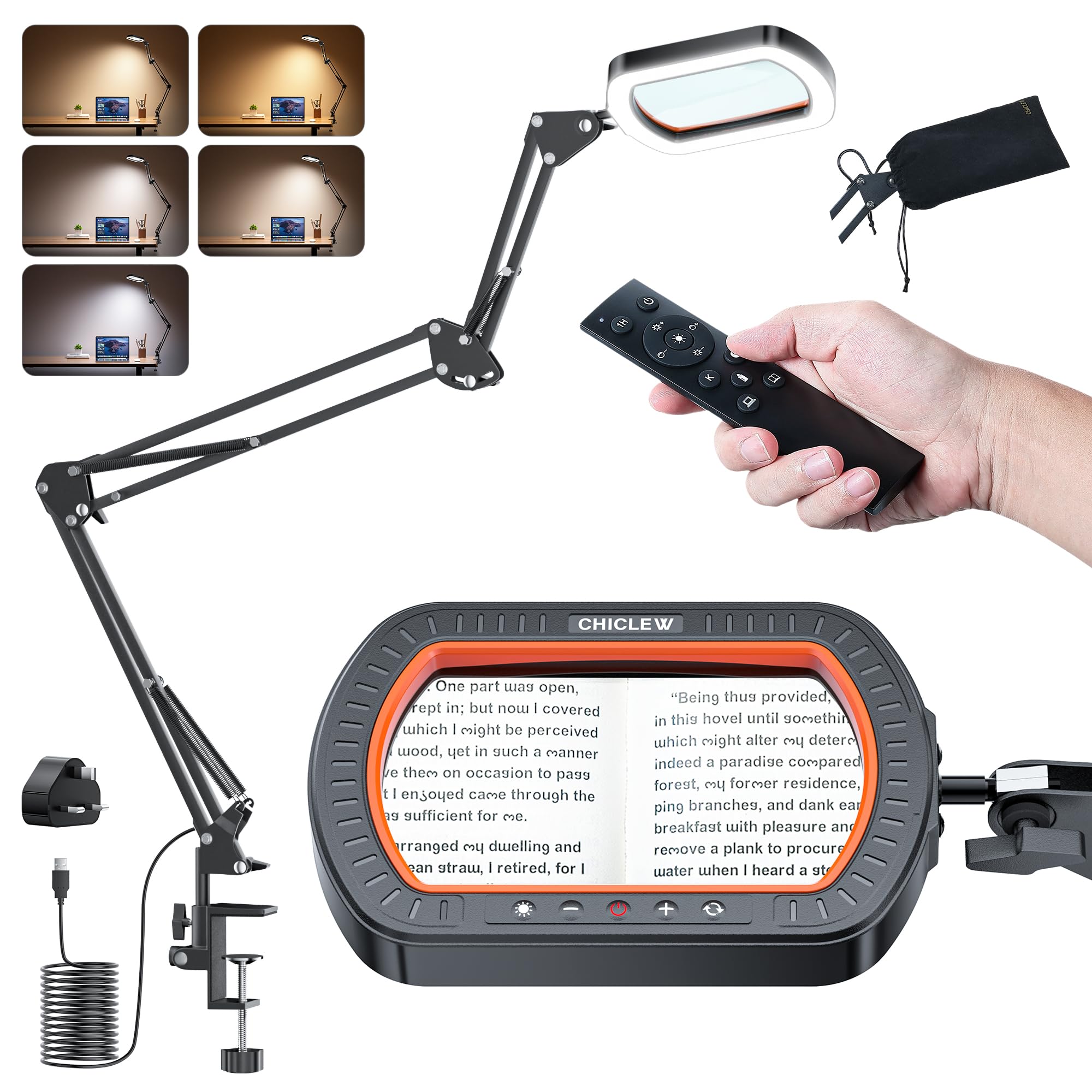 10X Rectangle Magnifying Glass with Light 、Clamp and Remote Control