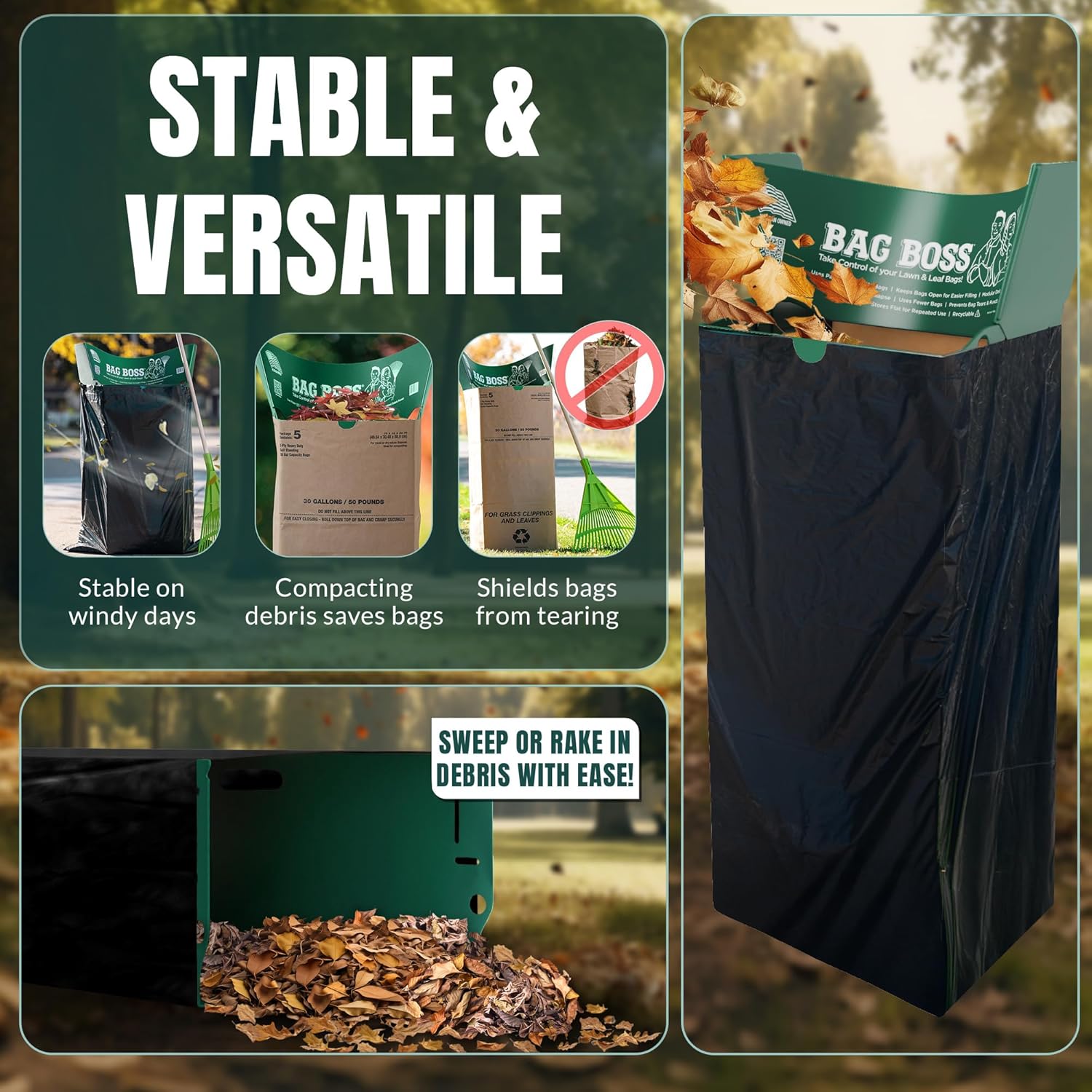 Lawn & Leaf Bag Holder, Leaf Scoop & Chute, Foldable Yard Trash Bag Stand, Heavy Duty – Fits 30 Gallon Paper and 33–55 Gallon Plastic, Lawn & Yard Clean Up, Gardening, Camping, Parties