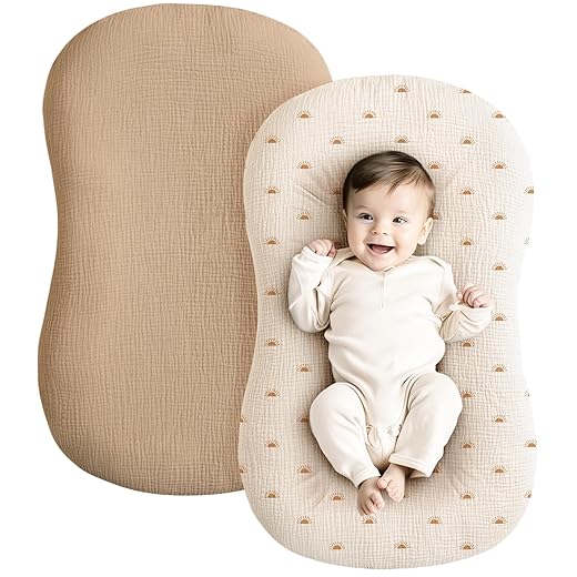 Konssy Muslin Baby Lounger Cover 2 Pack, 100% Cotton Newborn Lounger Cover, Soft and Breathable Removable Slipcover Infant Lounger Cover for Boy, Girl (Brown, Sun)