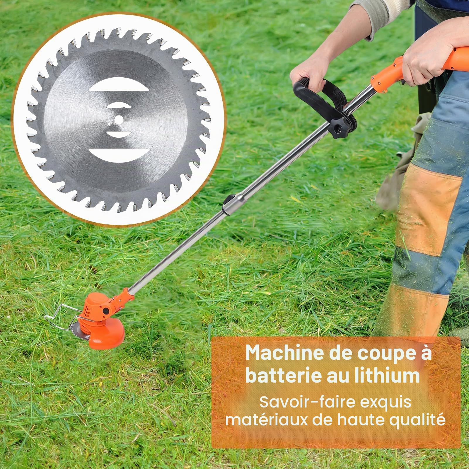 Débroussailleuse de jardin télescopique, sans fil rechargeable (12 V 2,0 Ah x 2), chargeur inclus, électrique extérieur (orange)