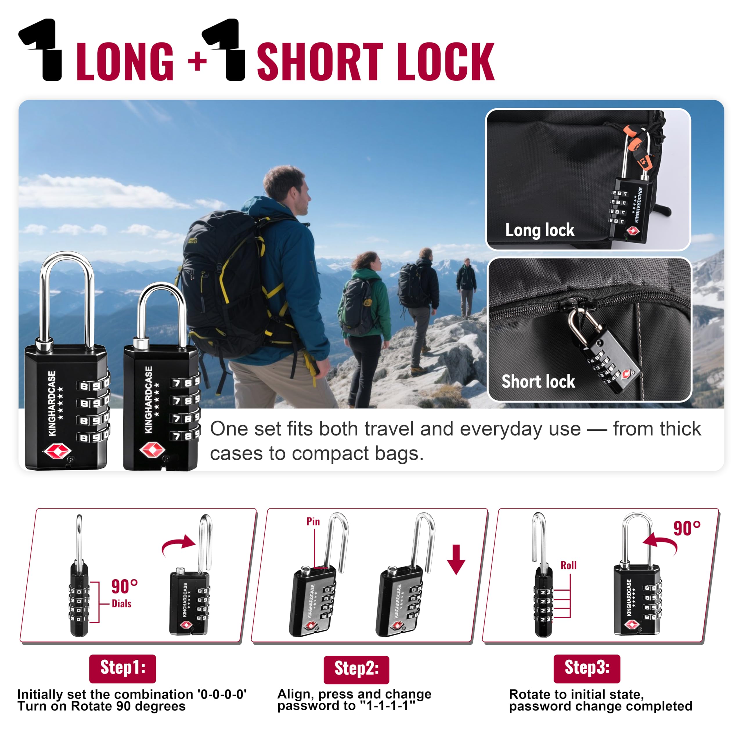Kinghardcase Serratura lunga TSA a 4 cifre, confezione da 2 serrature per bagagli per viaggi aerei, sicurezza durevole e resistente al taglio per pistole, fucili, munizioni, design con codice