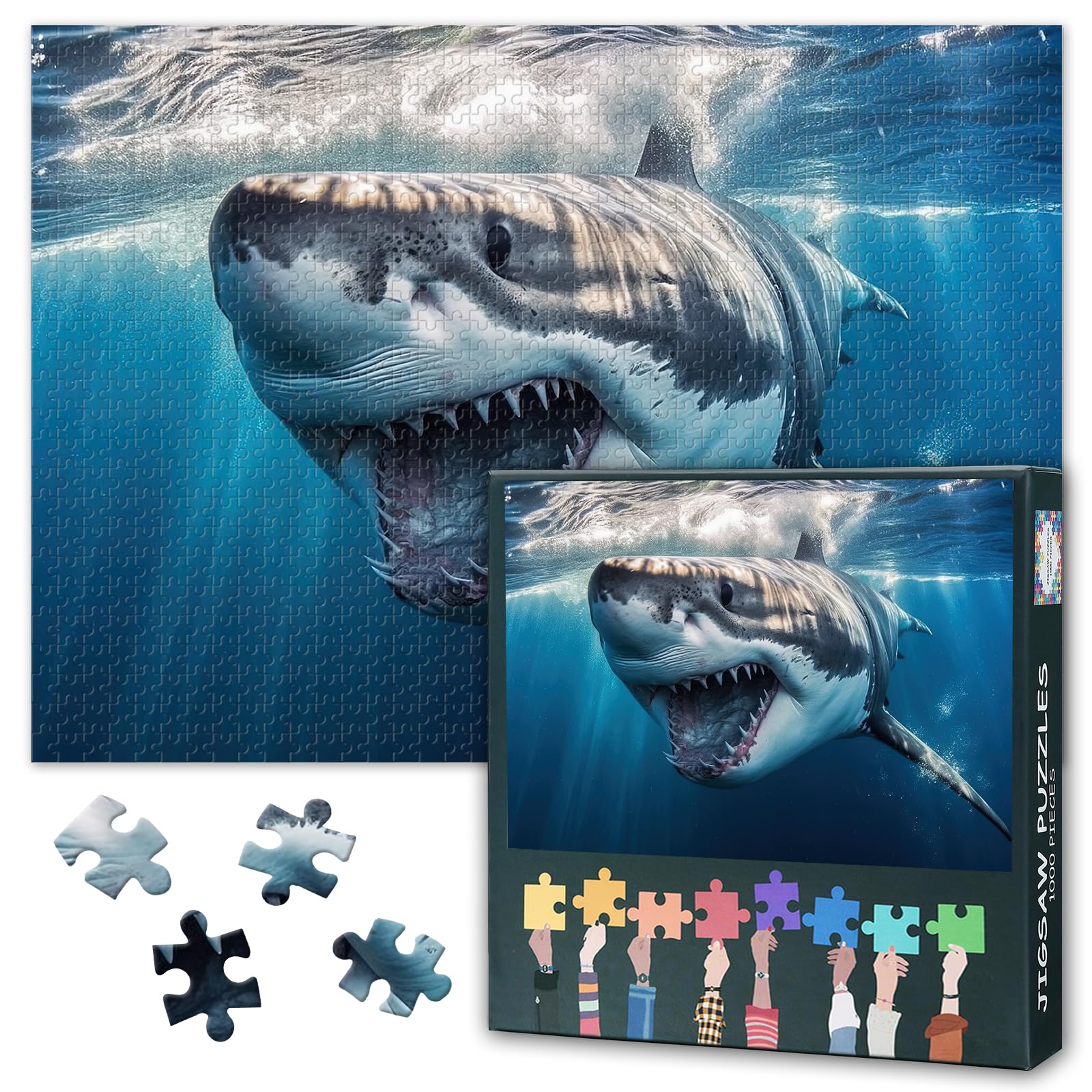 Jigsaw Puzzle 1000 Pieces for Adults Ocean Predator Shark Underwater Scene Powerful Marine Animal in Deep Sea Wildlife Nature Themed Challenging Puzzle 27.5x19.7 Inch