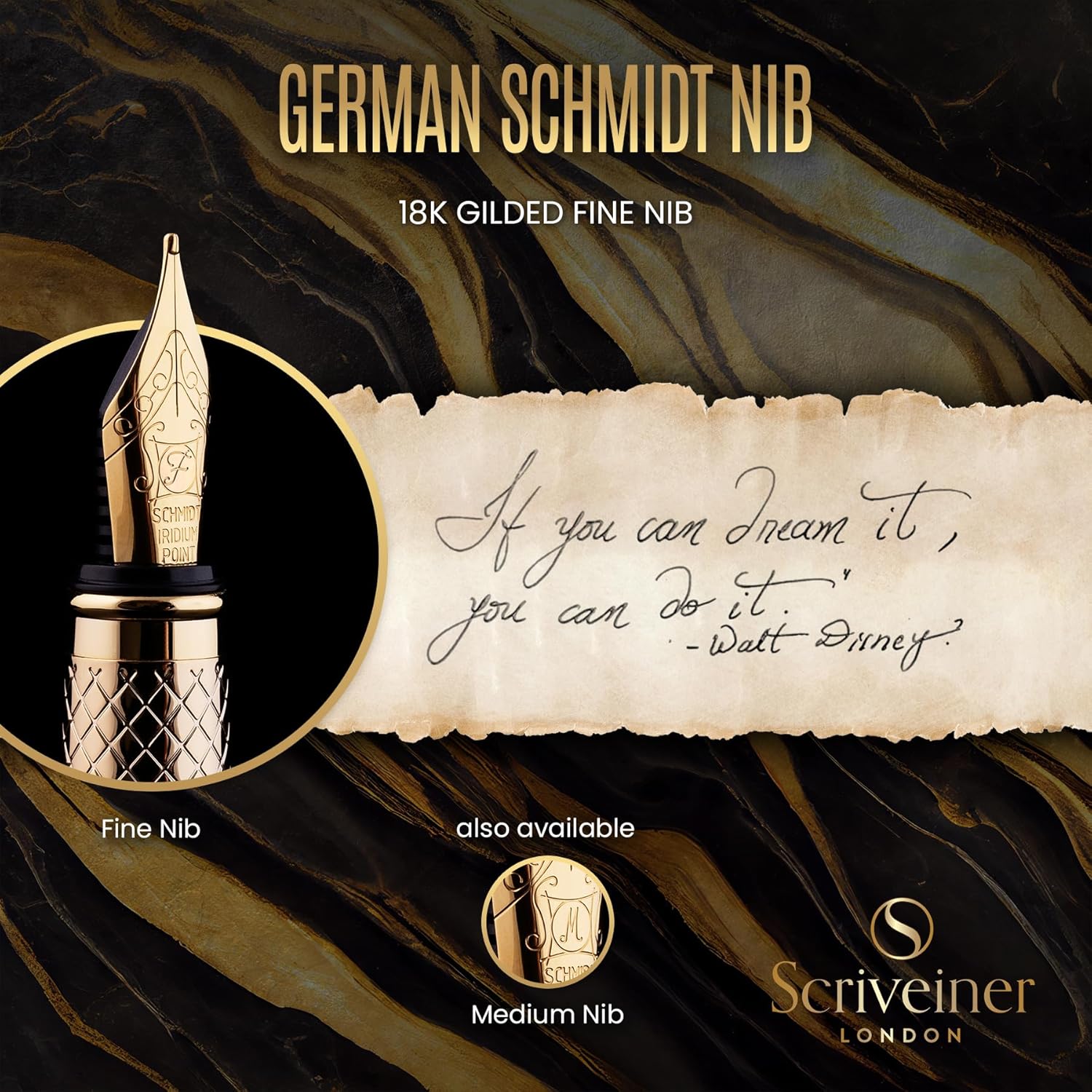 Scriveiner Luxury Fountain Pen - Stunning Gold Pen, Real Gold Plating, Schmidt Gilded Nib (Fine), Bundle with Fountain Pen Ink Cartridges - Black & Blue - 20 Standard International each box