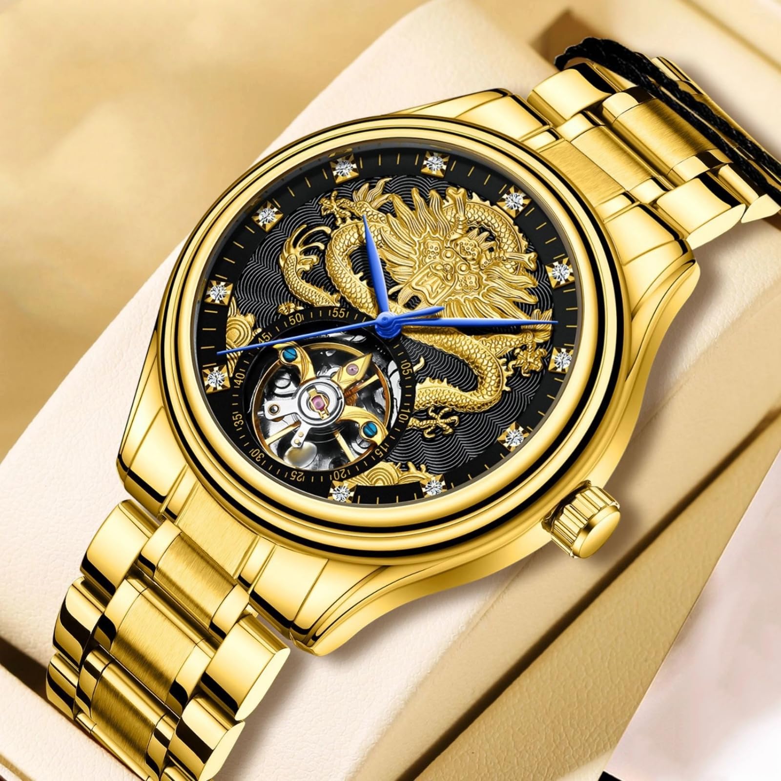 Luxuriöse ausgehöhlte Tourbillon Herren-Automatik-mechanische Uhr mit goldenem Drachenmuster geschnitztem Zifferblatt, Diamant-Skala Skelett-Armbanduhr, Edelstahl wasserdichtes Armband