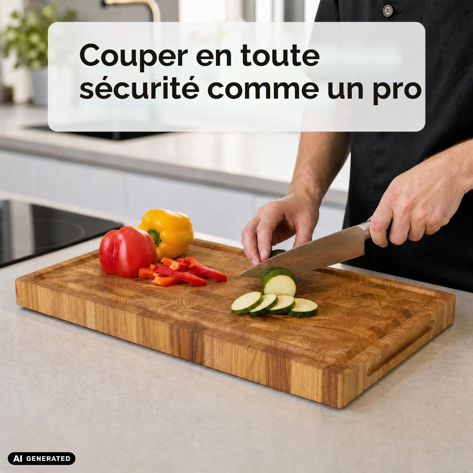 B4K® Planche à découper en chêne antibactérien - 50 × 35 × 4 cm - Bloc de hachage massif avec poignées, rainure à jus et pieds en silicone - Parfait pour la cuisine,