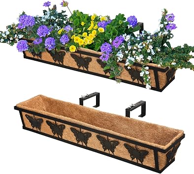 2-Pack 24IN Window Box Railing Hanging Planter Coco Liner Basket, S2 | Coco Liner, Outdoor Balcony Porch Fence Patio, Home, Office and Hotel, 2 Pcs/Set