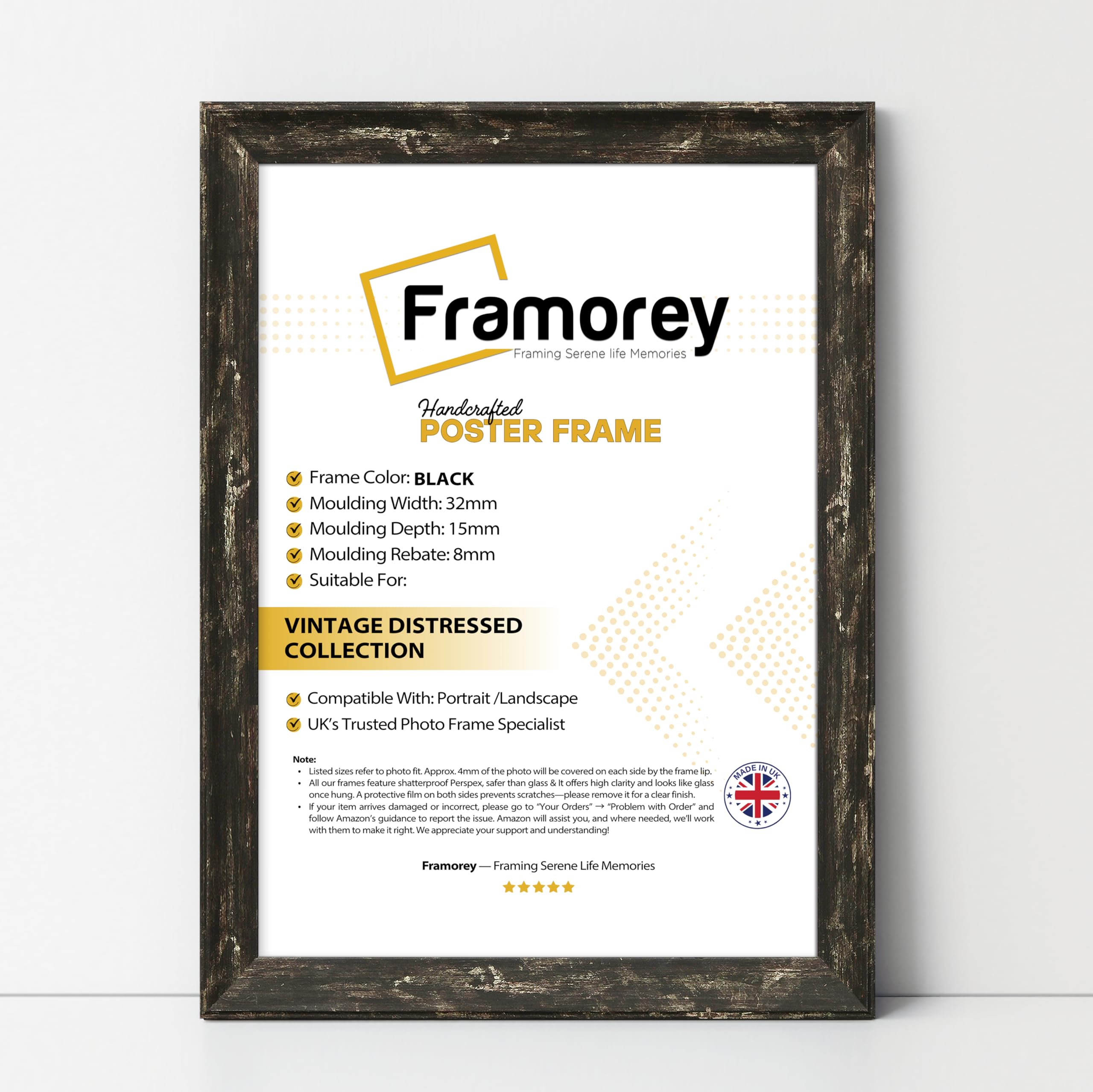 FRAMOREY Vintage Distressed Photo Frames, 30x40 CM Size Black Photo Frames, Wall Hanging Poster Frames, With a High Clarity Styrene Shatterproof Perspex Sheet