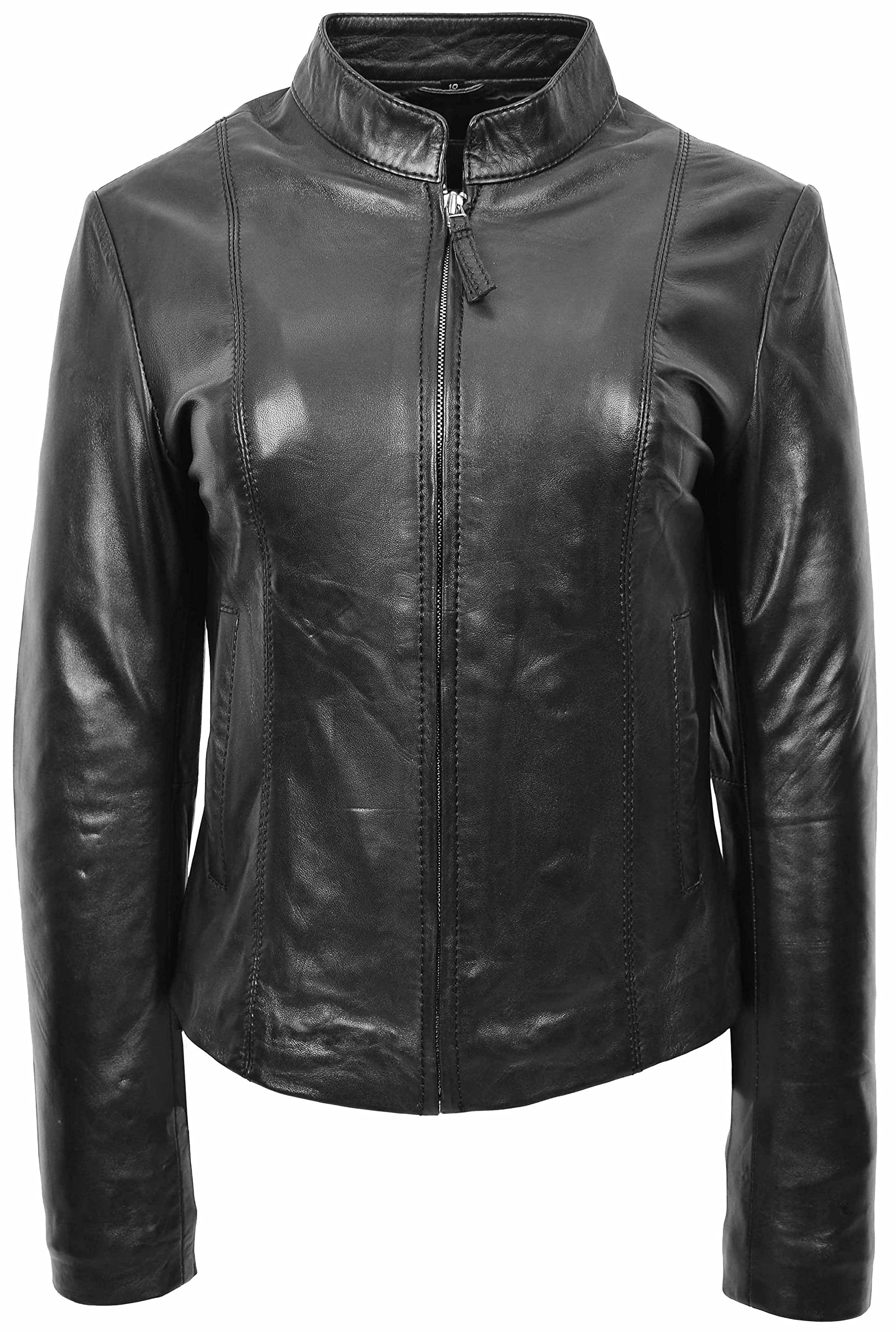 Damska kurtka motocyklowa z prawdziwej skóry, styl casual, Zoe, czarna, Czarny, 46