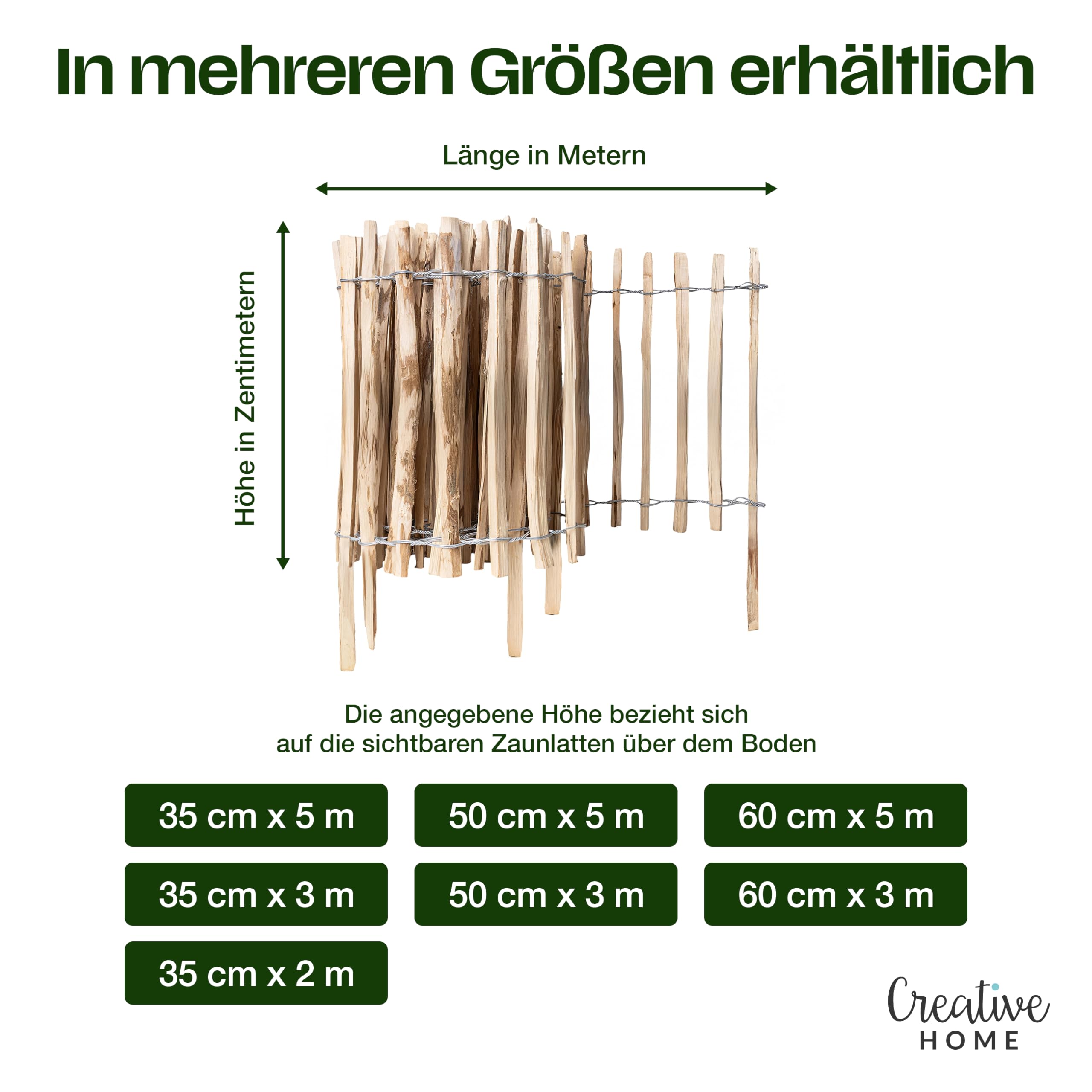 Creative Home Staketenzaun 35cm hoch und 2m lang | Lattenabstand 3-4 cm | Haselnusszaun | Rollzaun | Gartenzaun Holz Holzzaun | Zaun Garten Ideal als Rasenkante Blumenbeet Umrandung aus Haselnuss