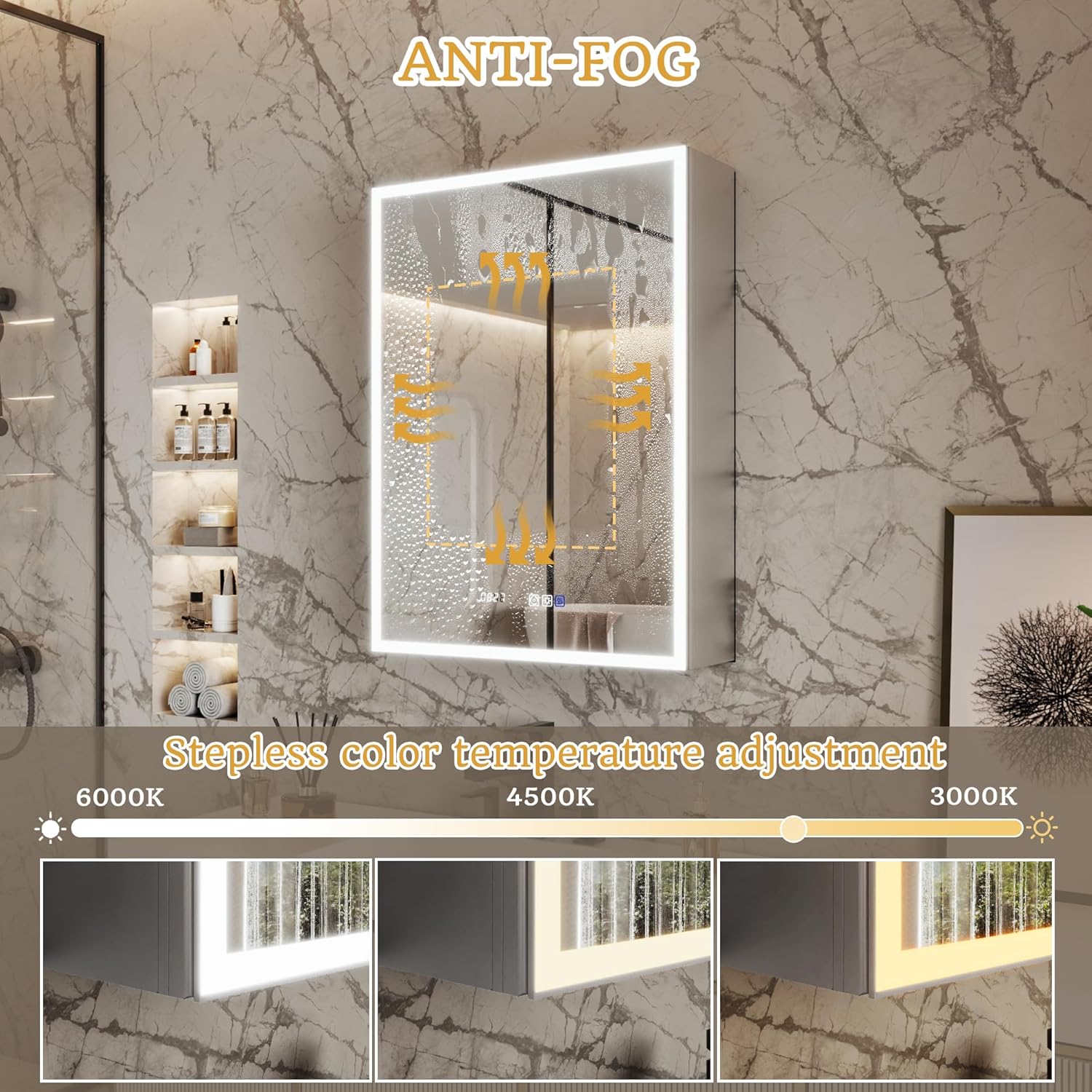 24x32 Inch Lighted Medicine Cabinet, Recessed or Surface LED Medicine Cabinet with Clock & Temperature Display, Anti-Fog, 3-Color Dimmable LED, Door Left Open