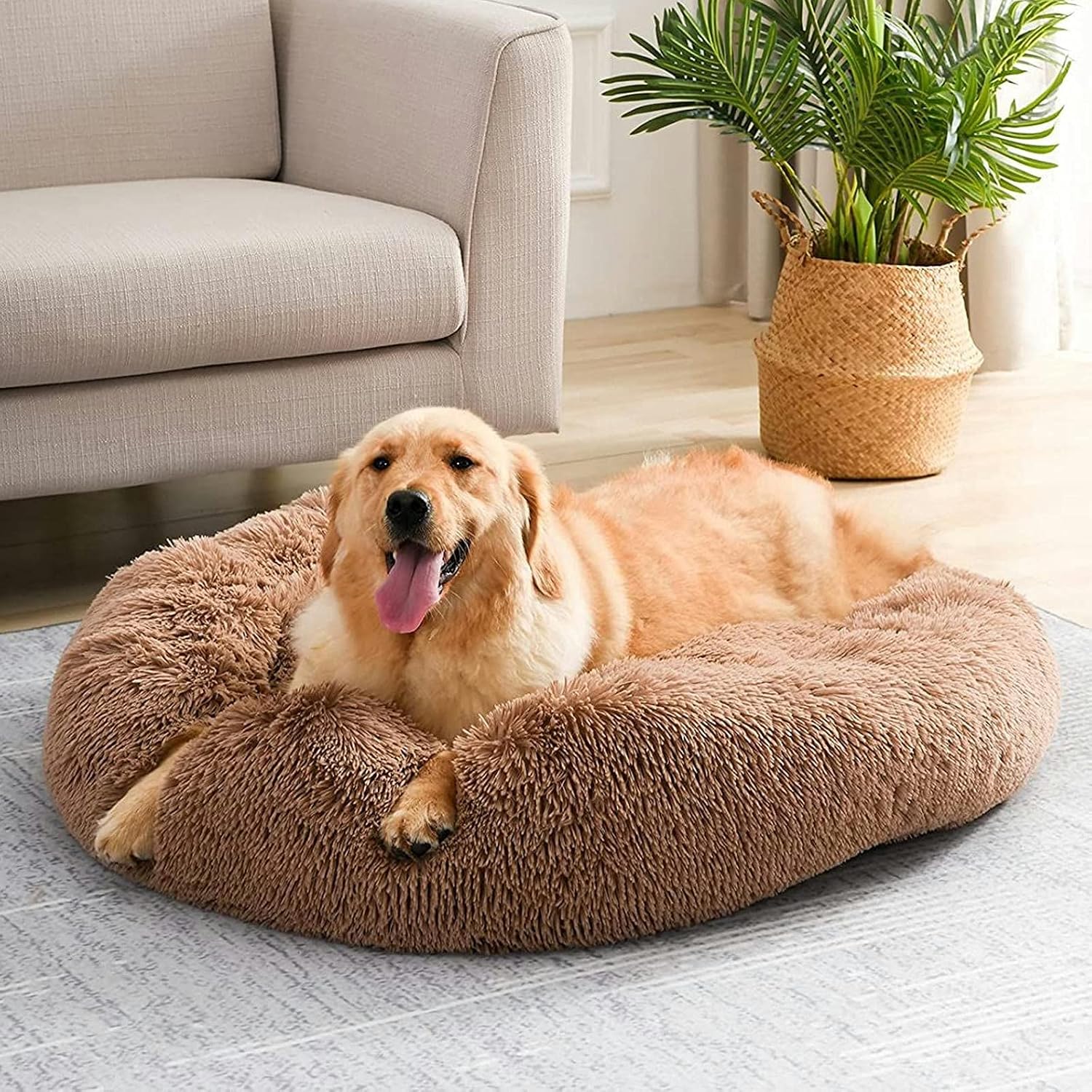 Calming Dog Bed & Cat Bed Donut, Anti-Anxiety Warming Round Dog Bed, Fluffy Soft Plush Cuddler Pet Beds for Small Medium Large Dogs…