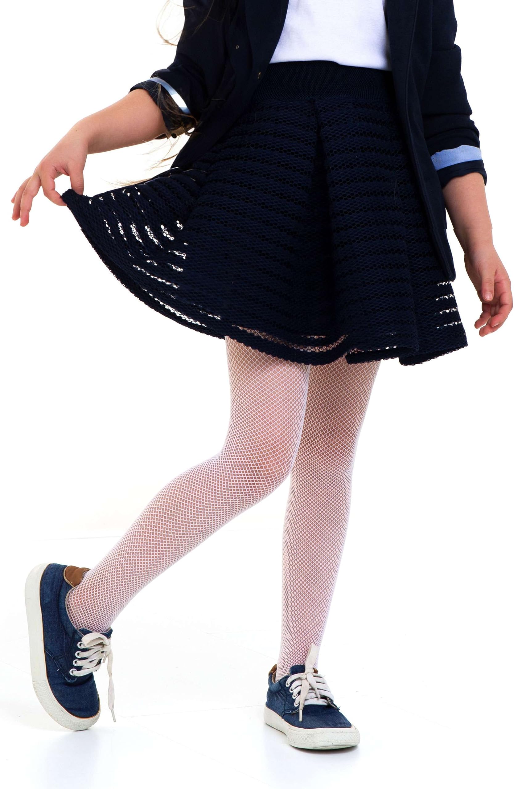 looksy Girl’s Fishnet Tights Durable Mesh Pantyhose Comfortable Small Diamond Netted Pattern Fashionable Hosiery Dance School Party Lena, Bianco 11-12 years (146-152 cm)