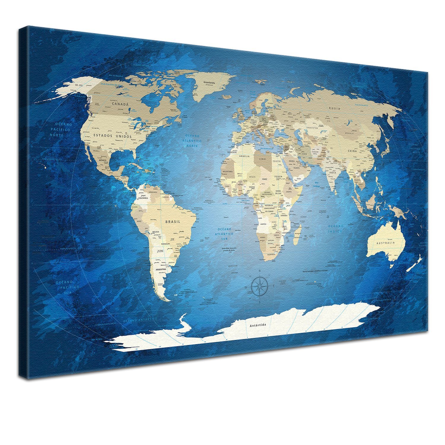 worldmap-blackandw-es-l_parent LanaKK - Mapamundi OCÉANO Azul - ESPAÑOL - Imagen Mapa del Mundo de la Lona XXL Tierra continentes Azul de África Nueva York (60 x 40 cm, una Pieza, océano Azul)