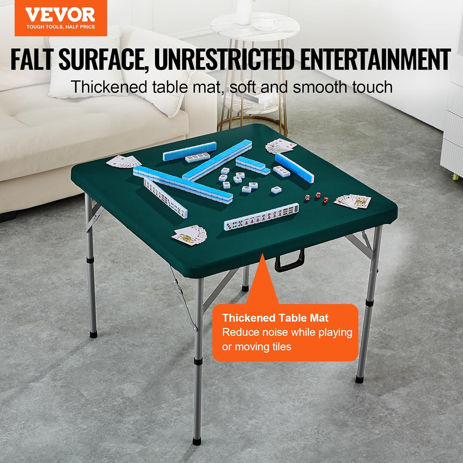 VEVOR Mahjong Table, Fold-in-Half 4 Player Card Table with Wear-Resistant Green Tabletop, Portable Bi-Folding Square Domino Table with Carrying Handle for Outdoor Camping Picnic Party, 34 x 34-inch