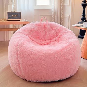 XeGe Faux Fur Comfy Bean Bag Cover for Living RoomNo Filler, Fluffy Stuffed Animal Storage Bean Bag Chair Cover Home Decor, Furry Fuzzy Big Gaming Beanbag Cover Adults Kids Girls, Anti-slip, Pink