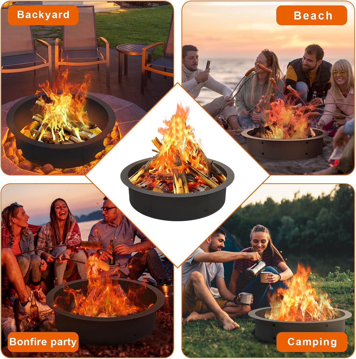 OUSHENG Fire Pit Ring Outdoor, 33 Inch Outer 30 Inch Inner Round Wood Burning Firepit Accessories, DIY Metal Steel Liner Insert for Bonfire Outside Camping Above or In Ground