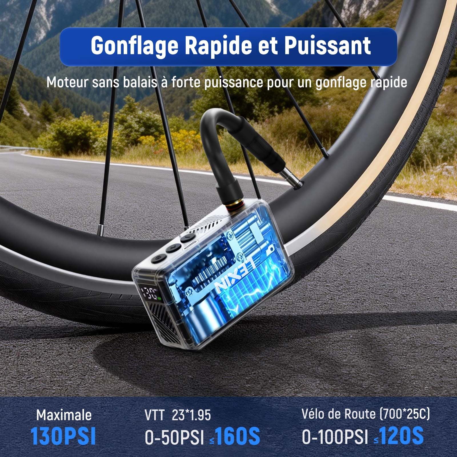 LEXIN P2 Mini Pompe à Vélo, Compresseur d'air Portatif 130PSI, Gonfleur Électrique de Pneus sans Fil avec l'Écran LCD, Portable, Légère， Puissance 700mAh, Pompe de Pneu pour Vélo/Moto/Balle/Scooter