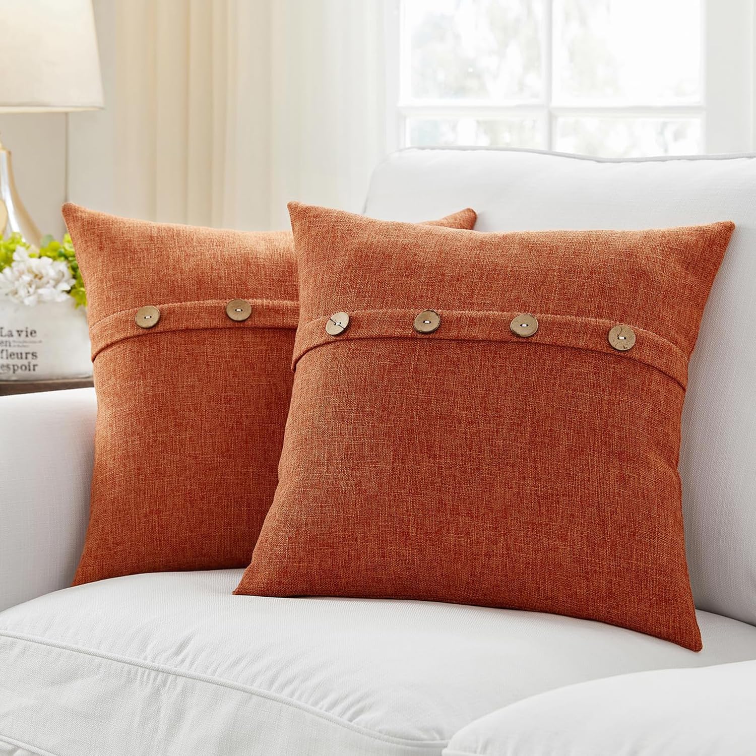 Meekio Set of 2 Fall Pillow Covers 20 x 20 Burnt Orange Pillow Covers with Coconut Buttons Fall Decorations for Home