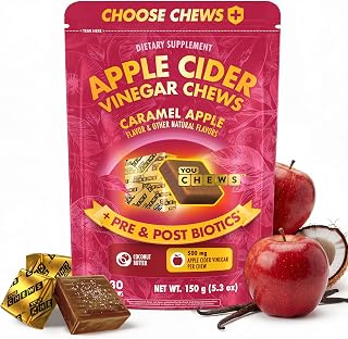 YouChews Apple Cider Vinegar Chews – 500 Mg Apple Cider Vinegar Gummies with Prebiotics & Postbiotics | Gut Balance Support | Low Sugar Apple Cider Gummies | Caramel Flavor | 30 Chews Pack