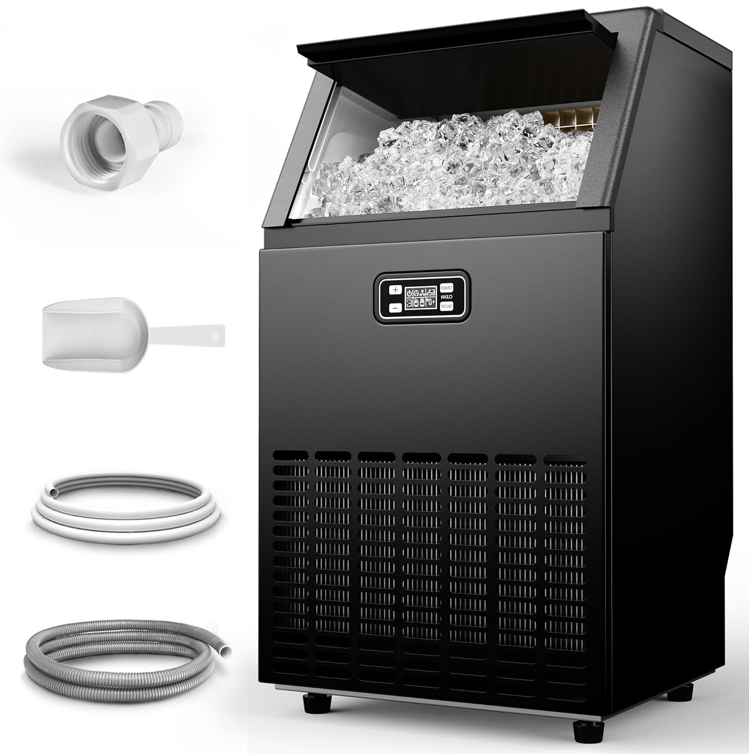 Commercial Ice Maker, Producing 100 Lbs/Day, 45 Cubes in 15 Minutes, Under Counter Ice Maker with 33 Lbs Storage, Self-Cleaning, Timer, Ideal for Home, Bar, or Cafe (Commercial Grade, Black)
