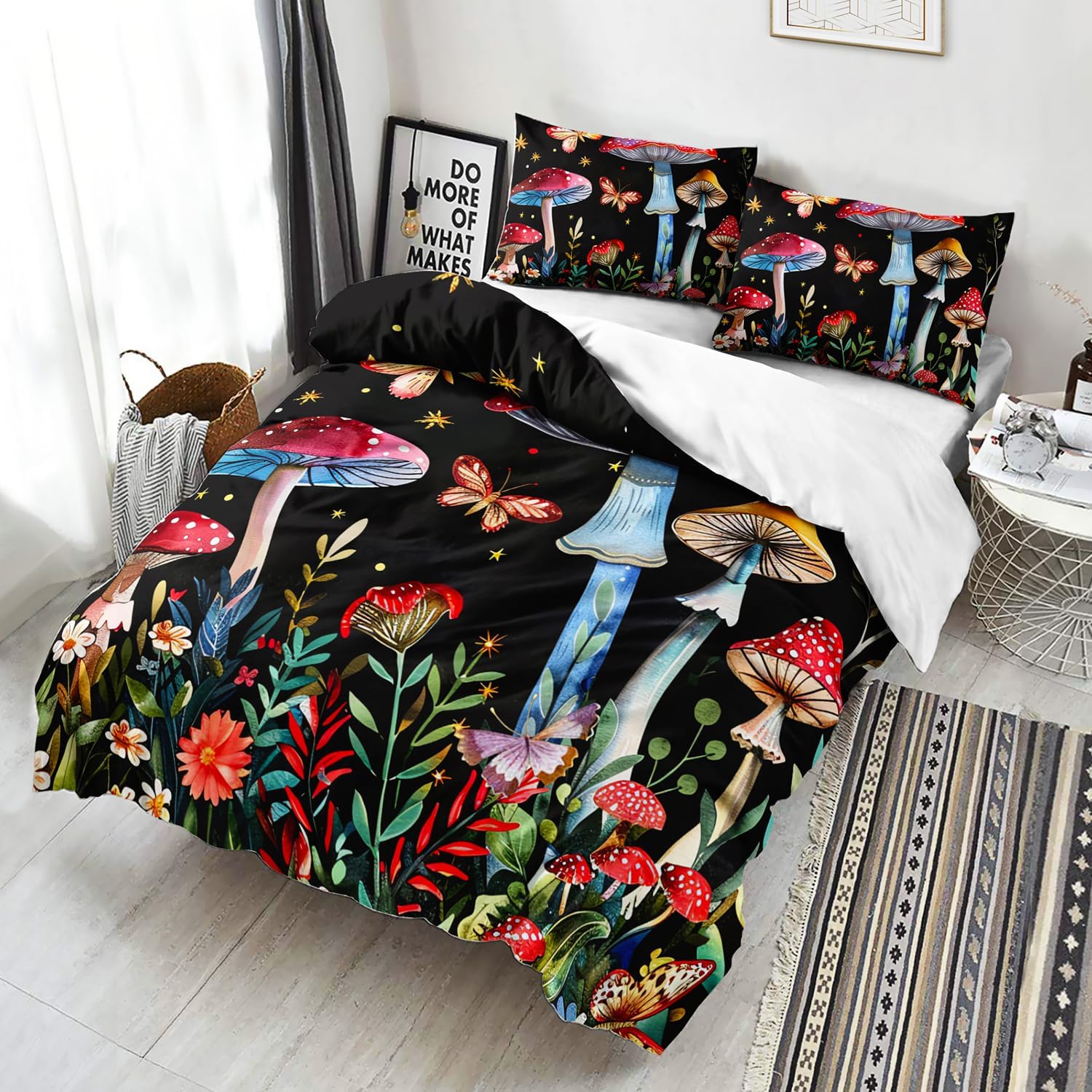 AILONEN Red Mushroom Duvet Cover Set Queen Size,Botanical Plant Fungus Butterfly Cartoon Mushroom Comforter Cover Set 3 Pieces for Kids Boys Girls Adults,1 Quilt Cover with 2 Pillowcases