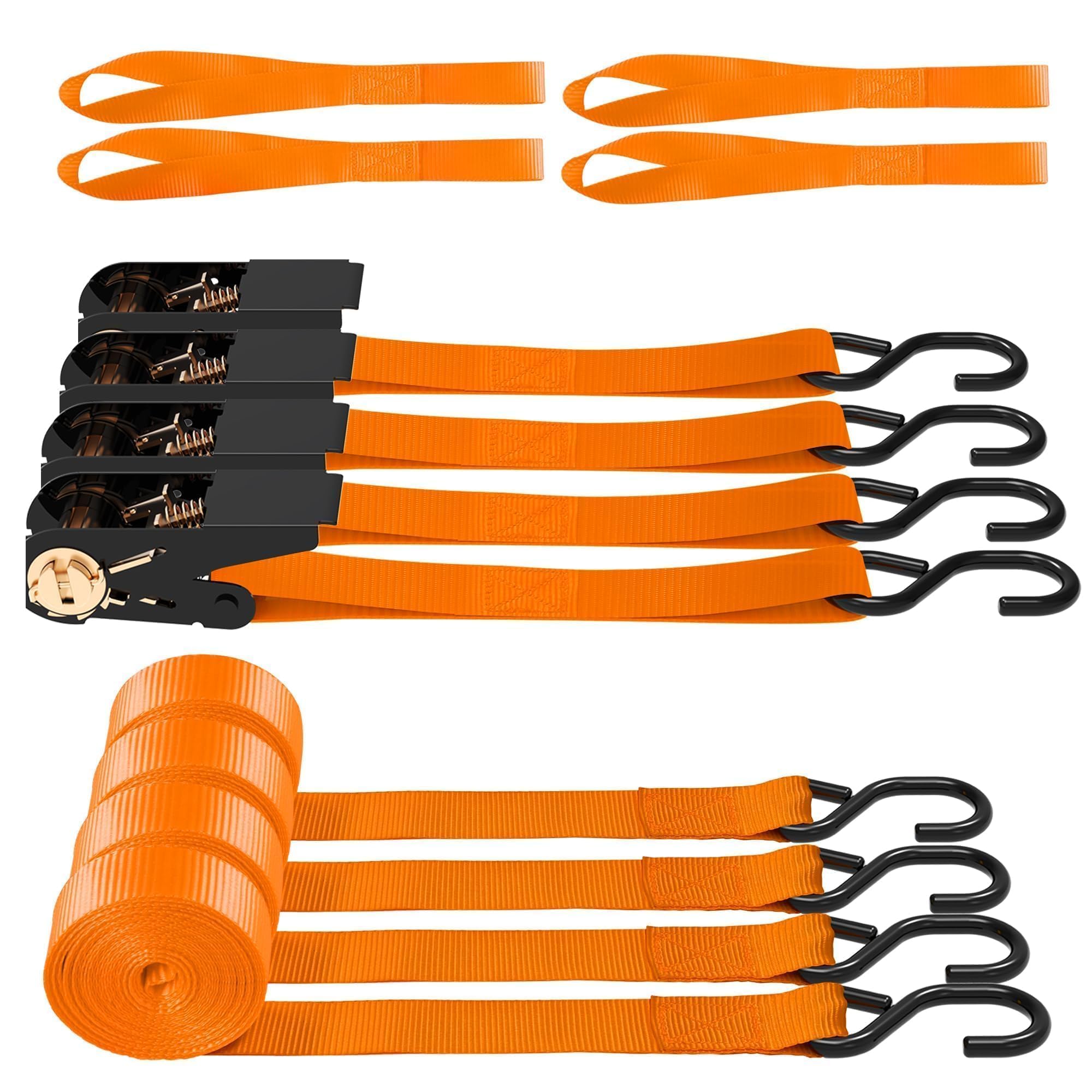 AWELCRAFT Lot de 4 Sangles à Cliquet – 680 kg de Résistance à la Rupture, 4,5 m de Longueur, Orange avec Crochets en S & Boucles Souples – Idéal pour Moto, VTT, Bateau, Meubles, Déménagement