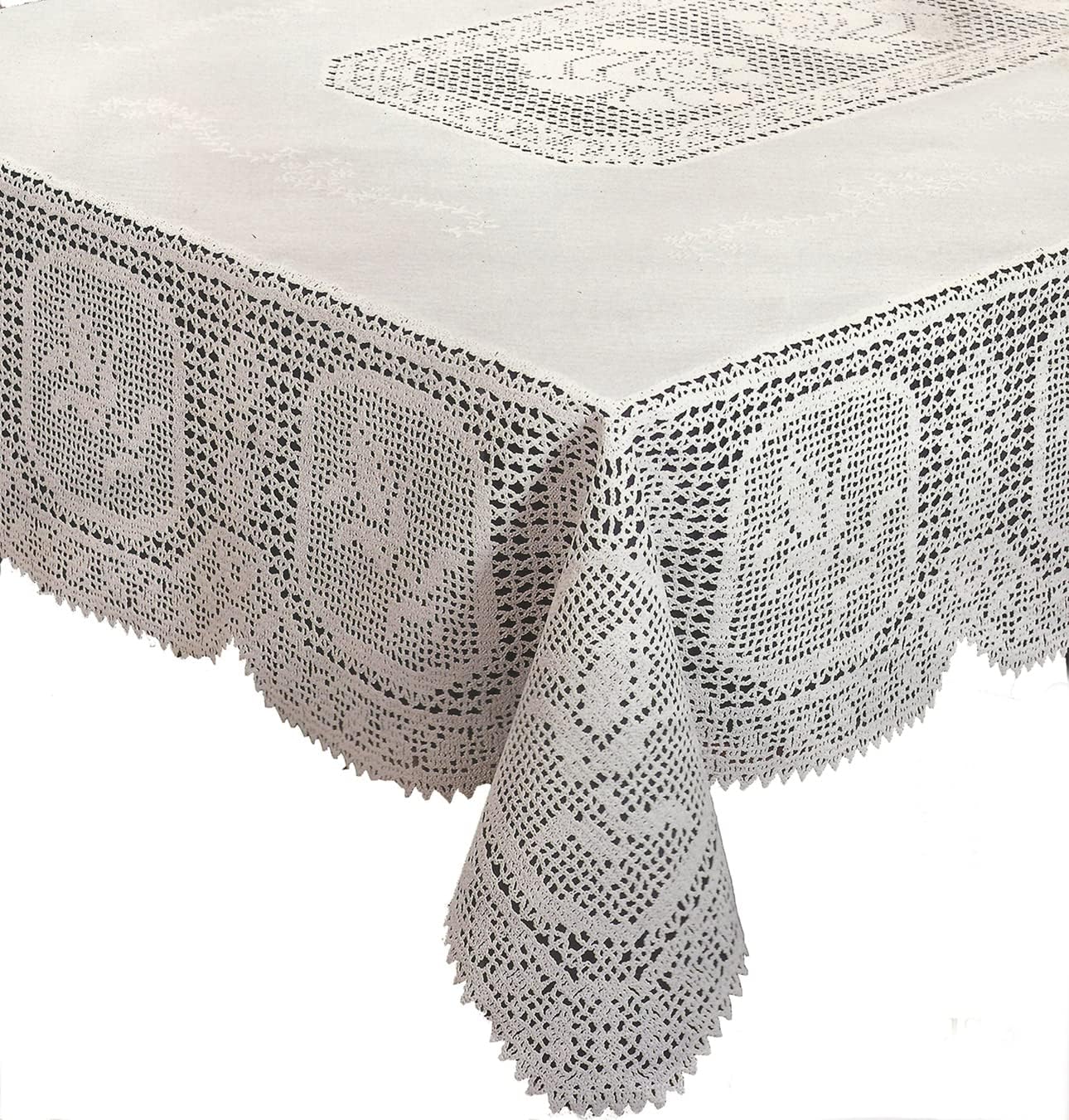 Vinyl Lace Crochet Tablecloth for Kitchen, Dining and Buffet, Floral, Stain Resistant and Easy Clean Up, White. 60”x90” Rectangle.