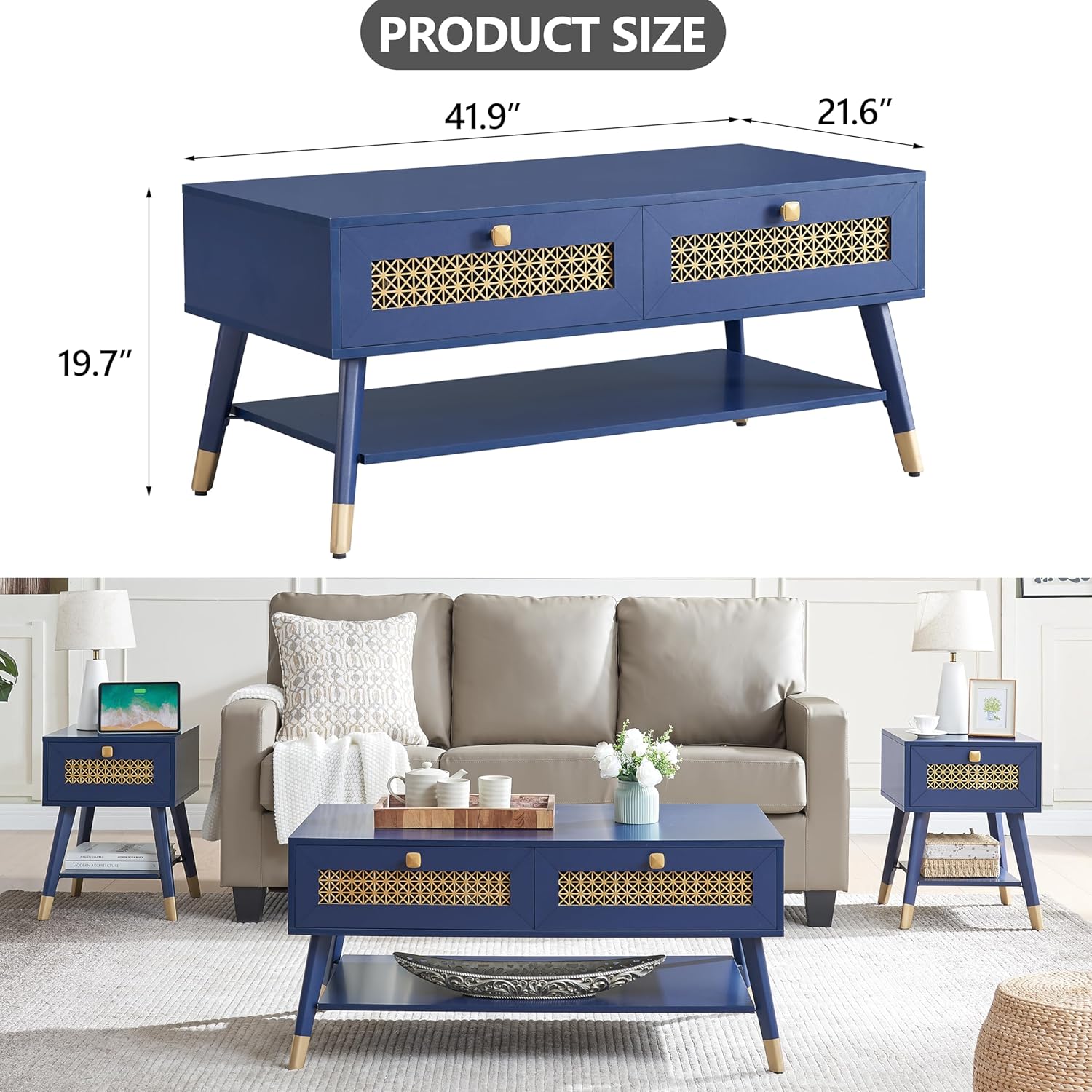 JYED Mid Century Wood Modern Coffee Table with Metal Mesh Decorated Storage Drawers,Blue Accent Center Table with Open Shelf,Rectangular Table for Living Room