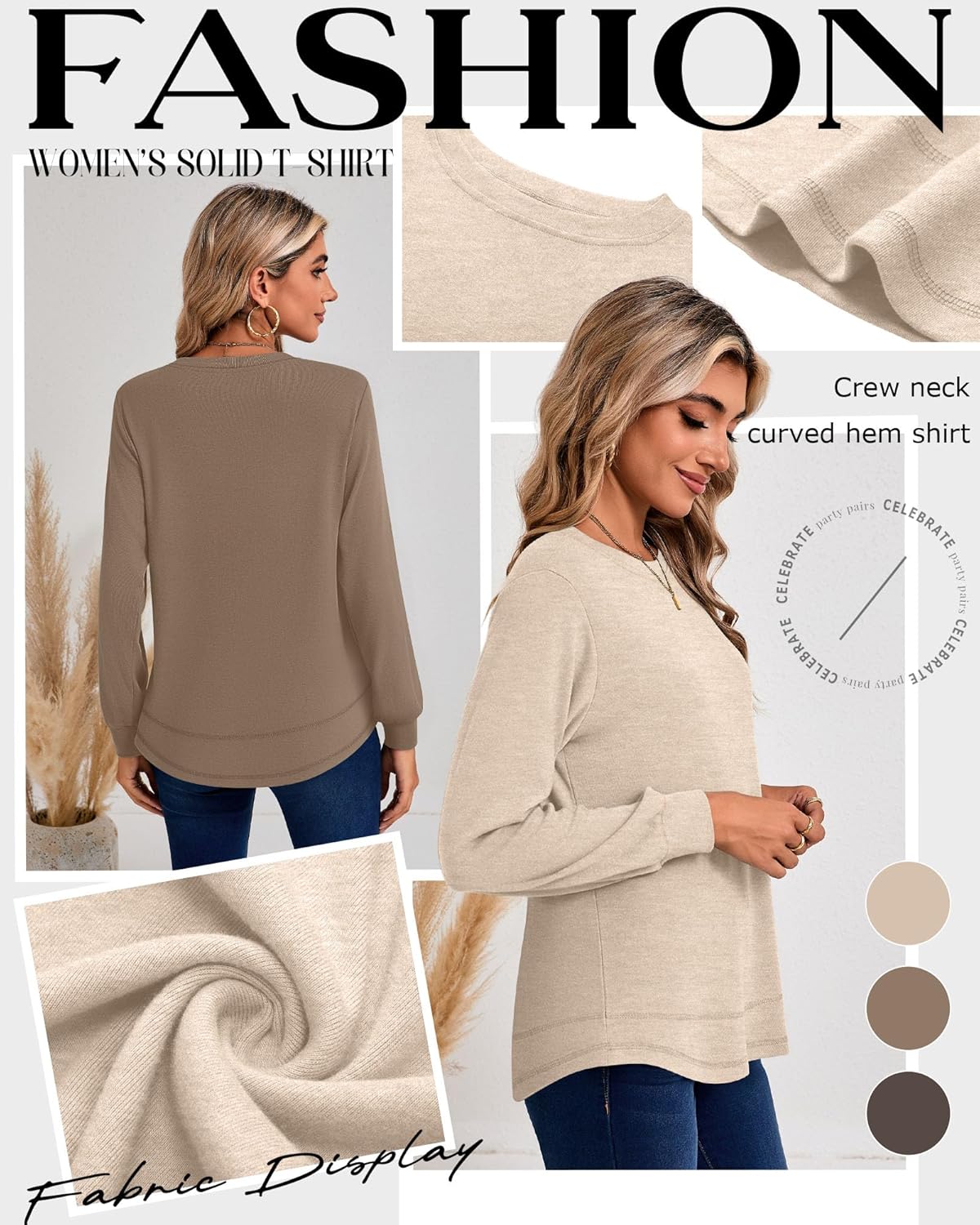 Ficerd 3 Pack Women's Long Sleeve Shirts, Cotton Crew Neck Tunic Tops Casual Loose Fit Pullover Sweatshirts Curved Hem Shirts - Image 4