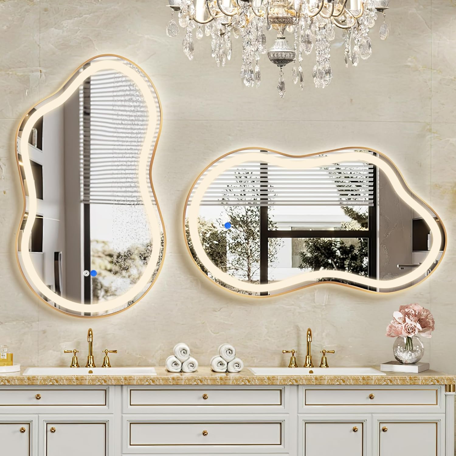 Irregular LED Bathroom Mirror with Lights, Cloud Smart Backlit Mirror, Dimmable Lighted Bathroom Gold Mirror with Anti-Fog, Asymmetrical Vanity Mirror Hangable 2 Ways (Gold, 20 x 36, 1 Pack)