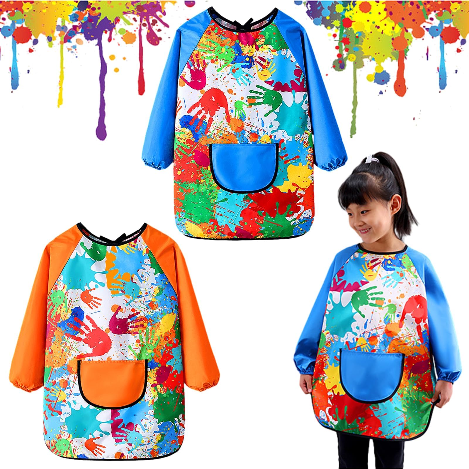 2PCS Kids Art Aprons for Age 7-12 Years Girls Boys, Waterproof Graffiti Painting Aprons Long Sleeves with Pockets, Kids Painting Smock Toddler Children, Play Apron for Painting, Craft, School