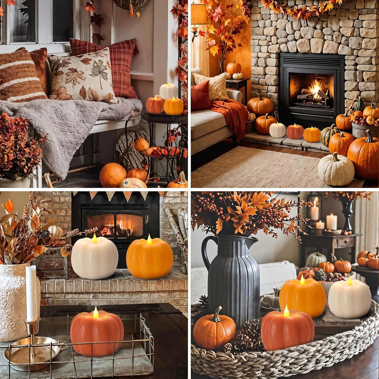 3PCS Fall Flameless Pumpkin Candles - Battery-Powered Flickering Candle with Timer Remote Control, Thanksgiving Gifts, Autumn Farmhouse Rustic Harvest Decor for Tiered Tray Table Indoor