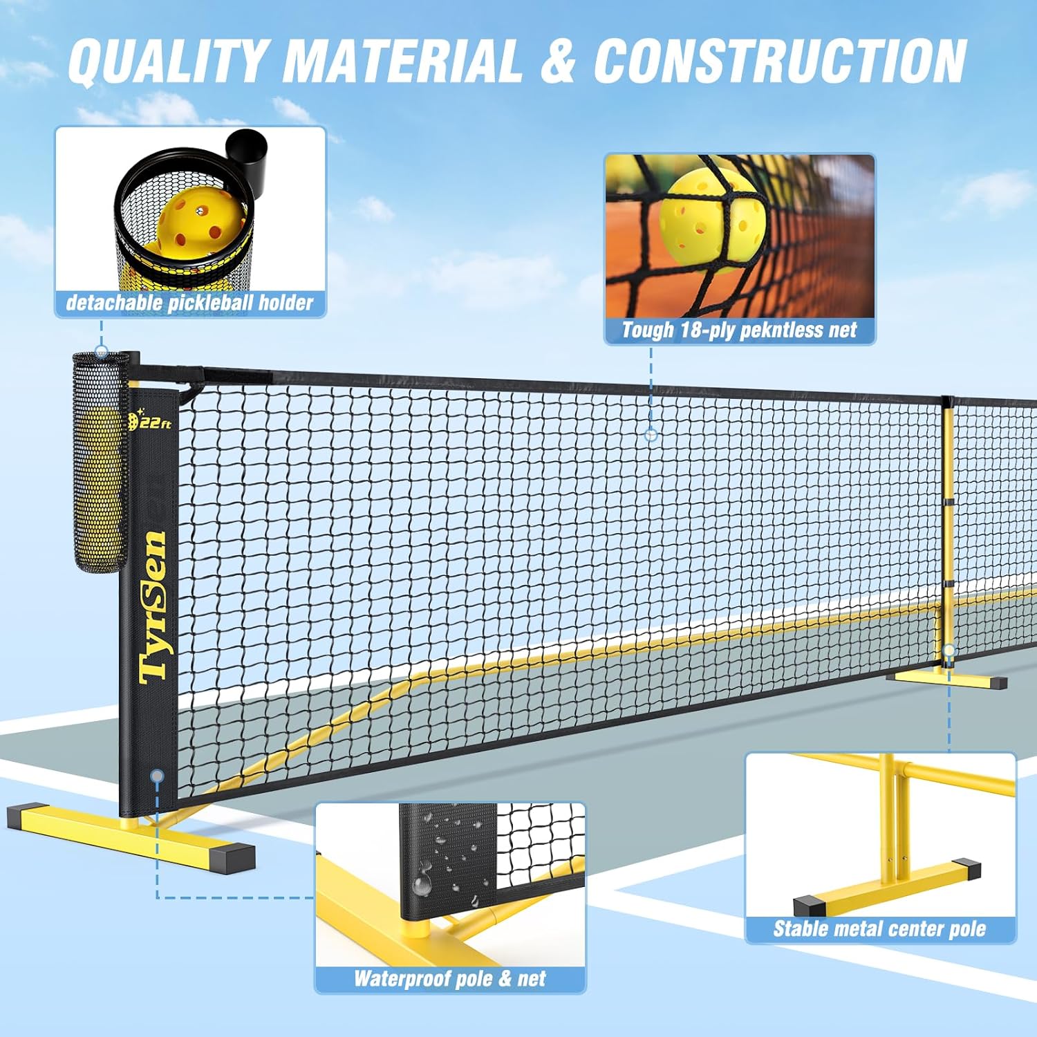 Portable Pickleball Net for Driveway, 22 FT Regulation Size & 11 FT Half Court Size Pickle Ball Net with Ball Collector, 2-in-1 Pickle Ball Net with Carry Bag for Garages Backyard