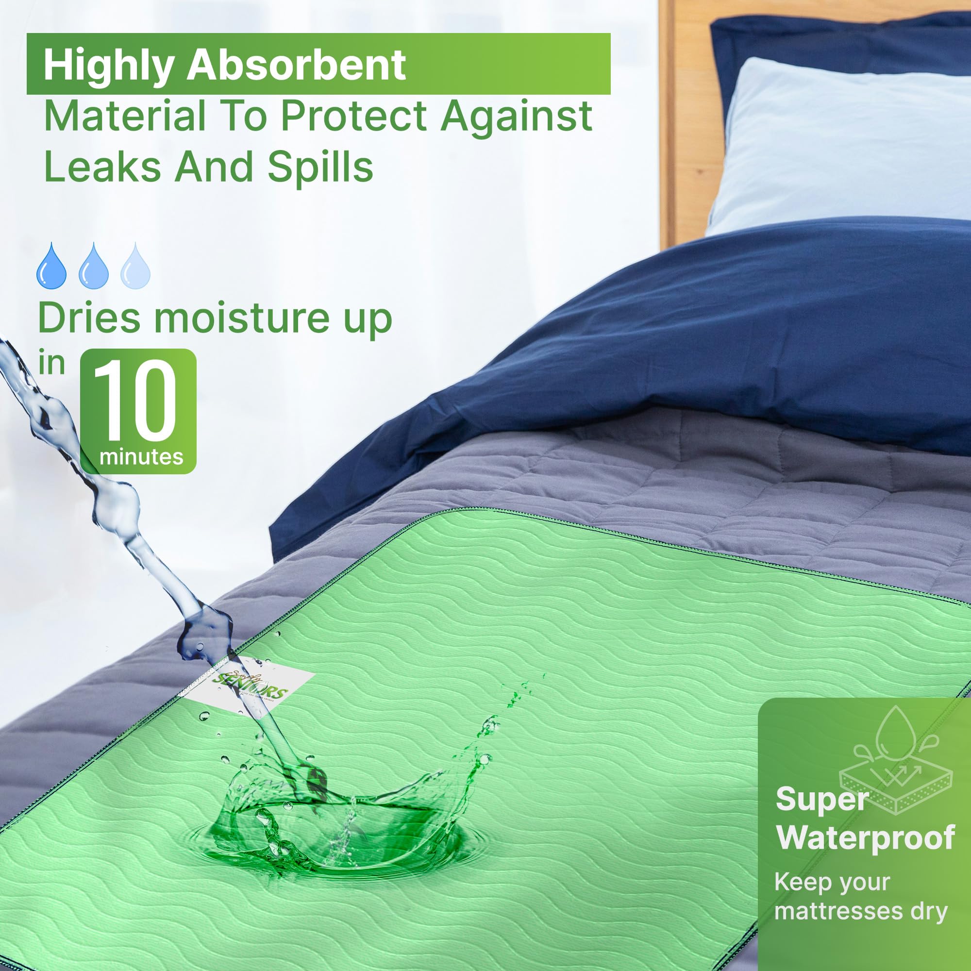 Almohadillas de cama lavables e impermeables de 34 x 36 pulgadas, paquete de 4 almohadillas de cama para incontinencia para adultos, productos de demencia para ancianos, discapacitados y pacientes