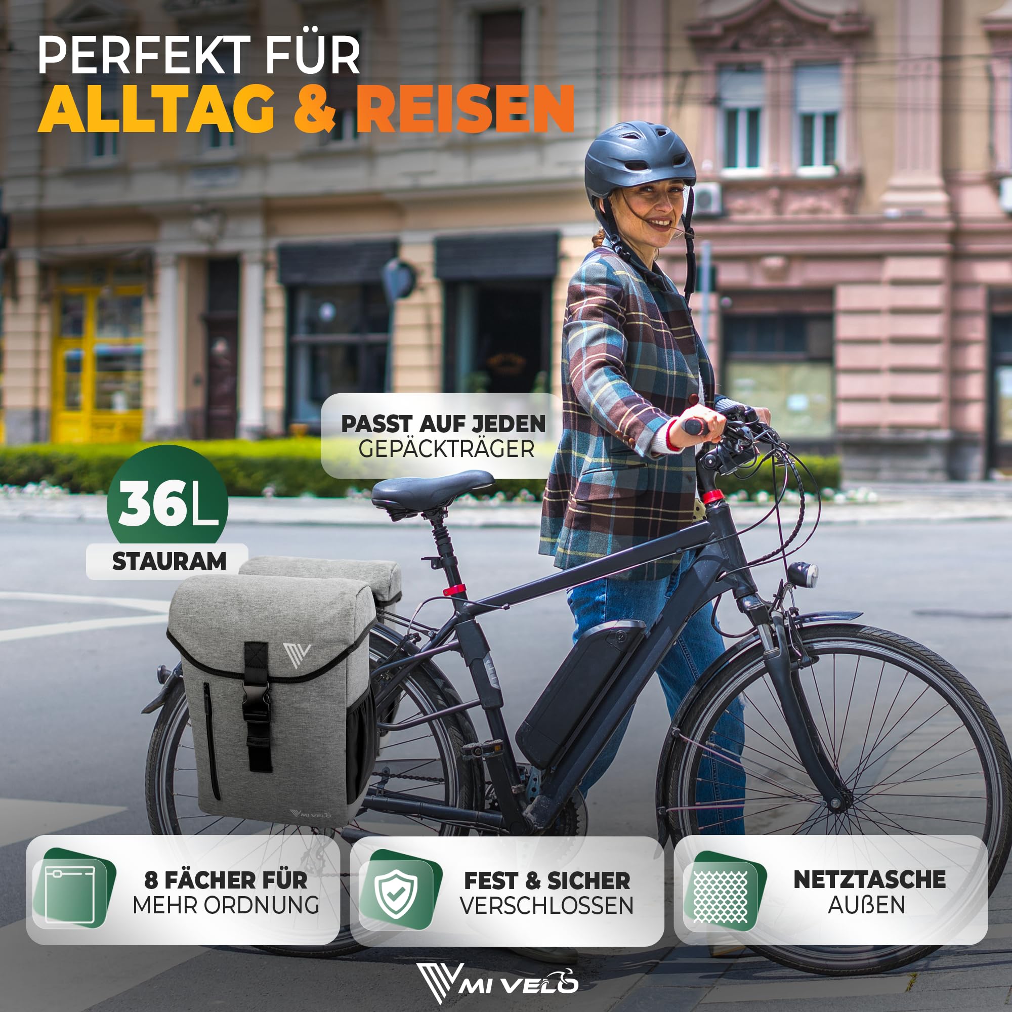 MIVELO Doppeltasche aus recyceltem Material I Fahrradtasche für Gepäckträger 36L I Gepäckträgertasche doppelt kompatibel mit MIK & Racktime Adapter I Tasche Fahrrad doppelt (Grau)